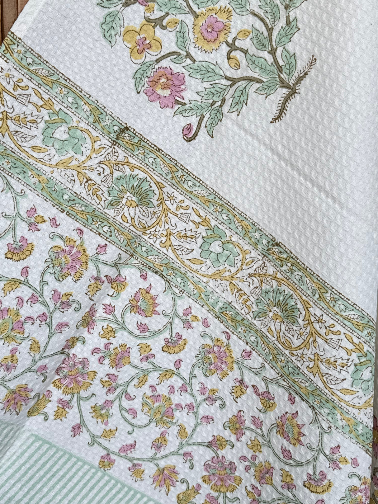 Pastel Floral Blockprint Cotton Towel- Waffle Weave