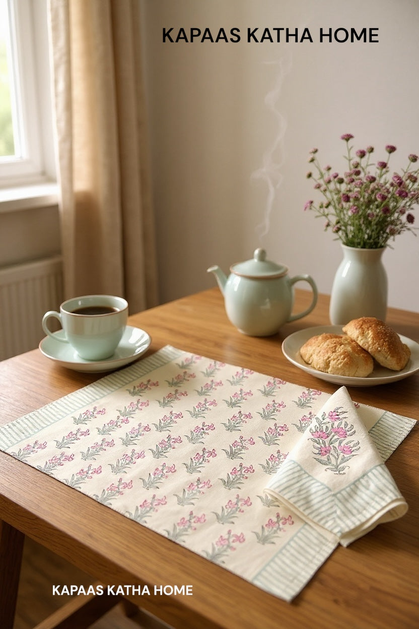Blockprint Table Runner, Mat & Napkin Set- 6 Seater
