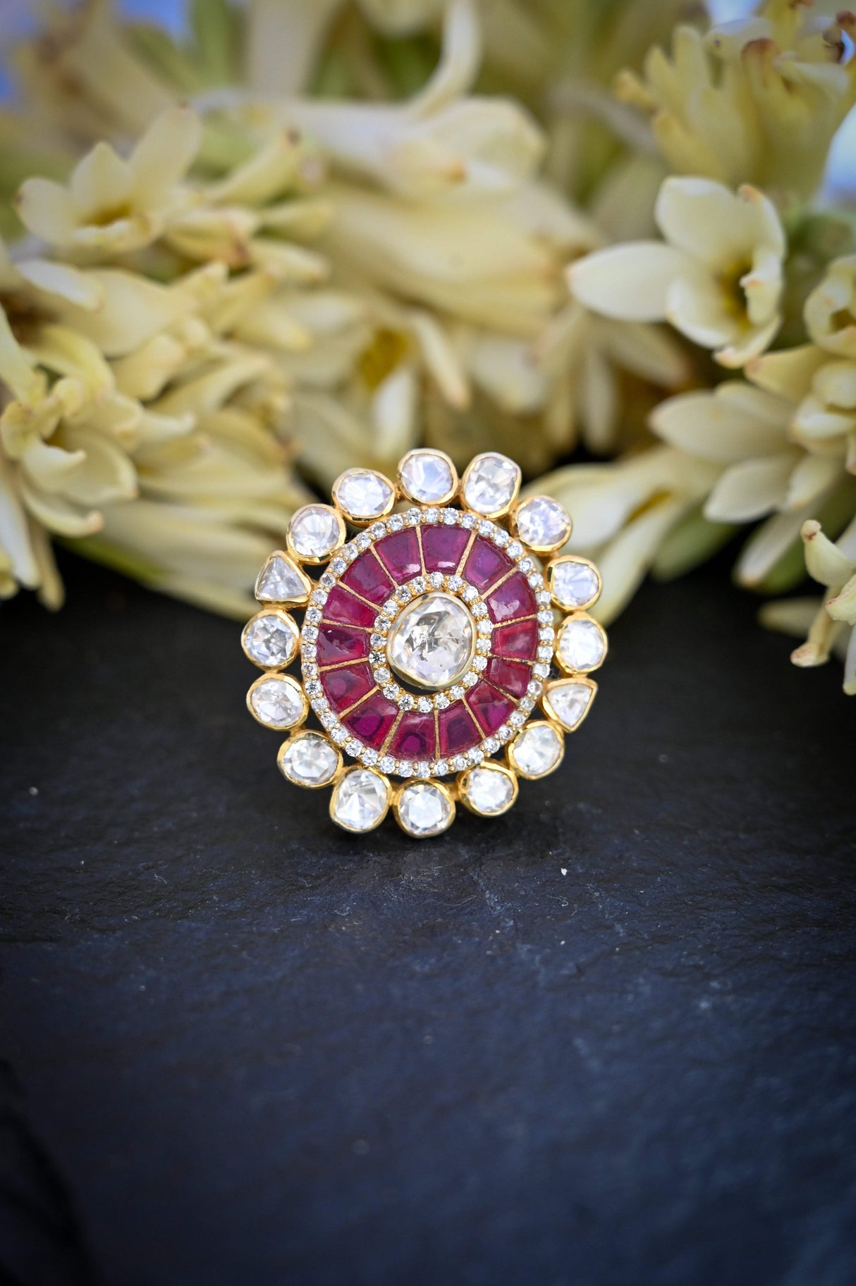 Royal Sage - Handcrafted Adjustable 92.5 Silver Ring with Moissanite polki and Imitation Ruby