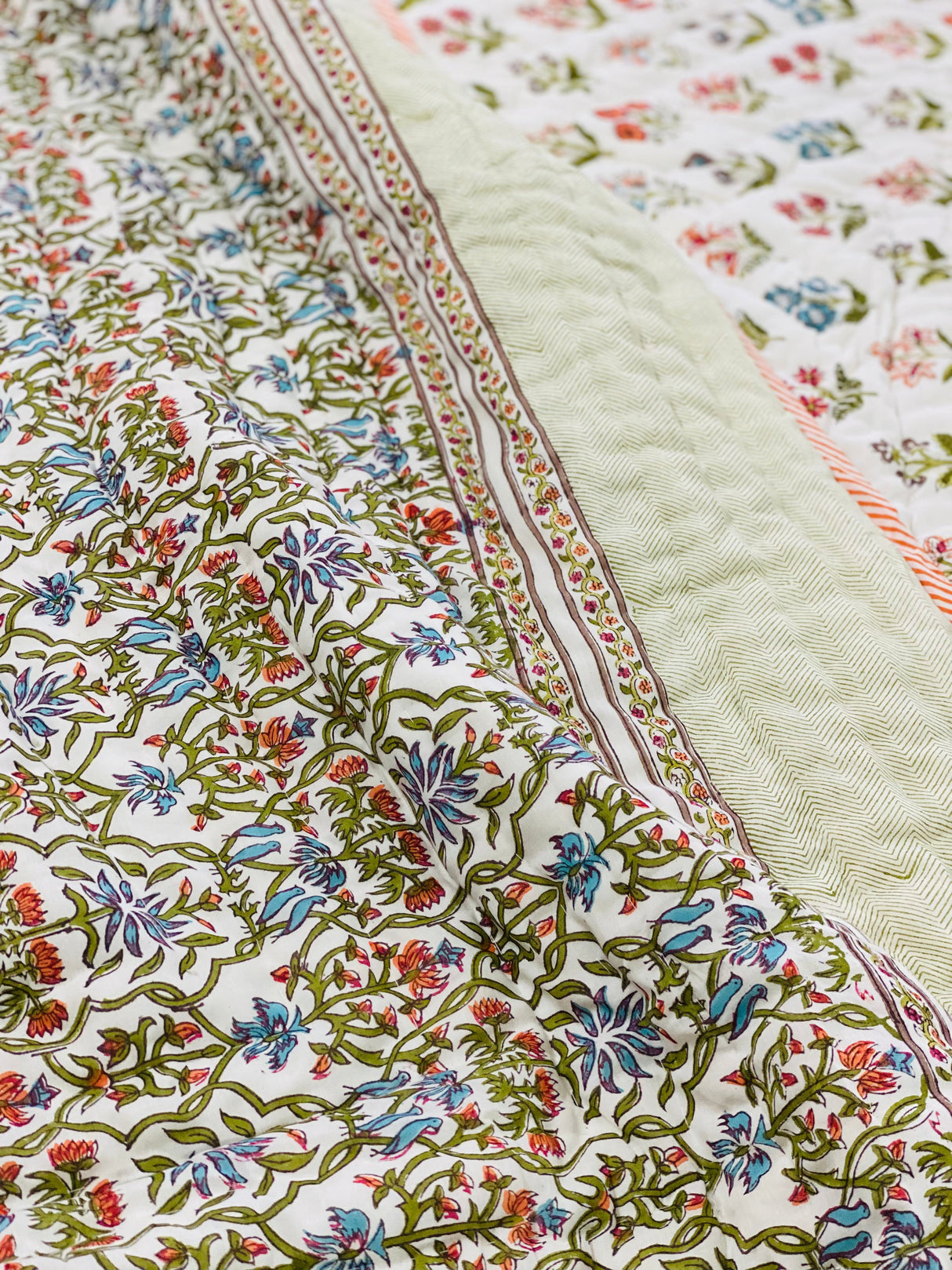 Floral Block Print Cotton Bedsheet & Quilt Set