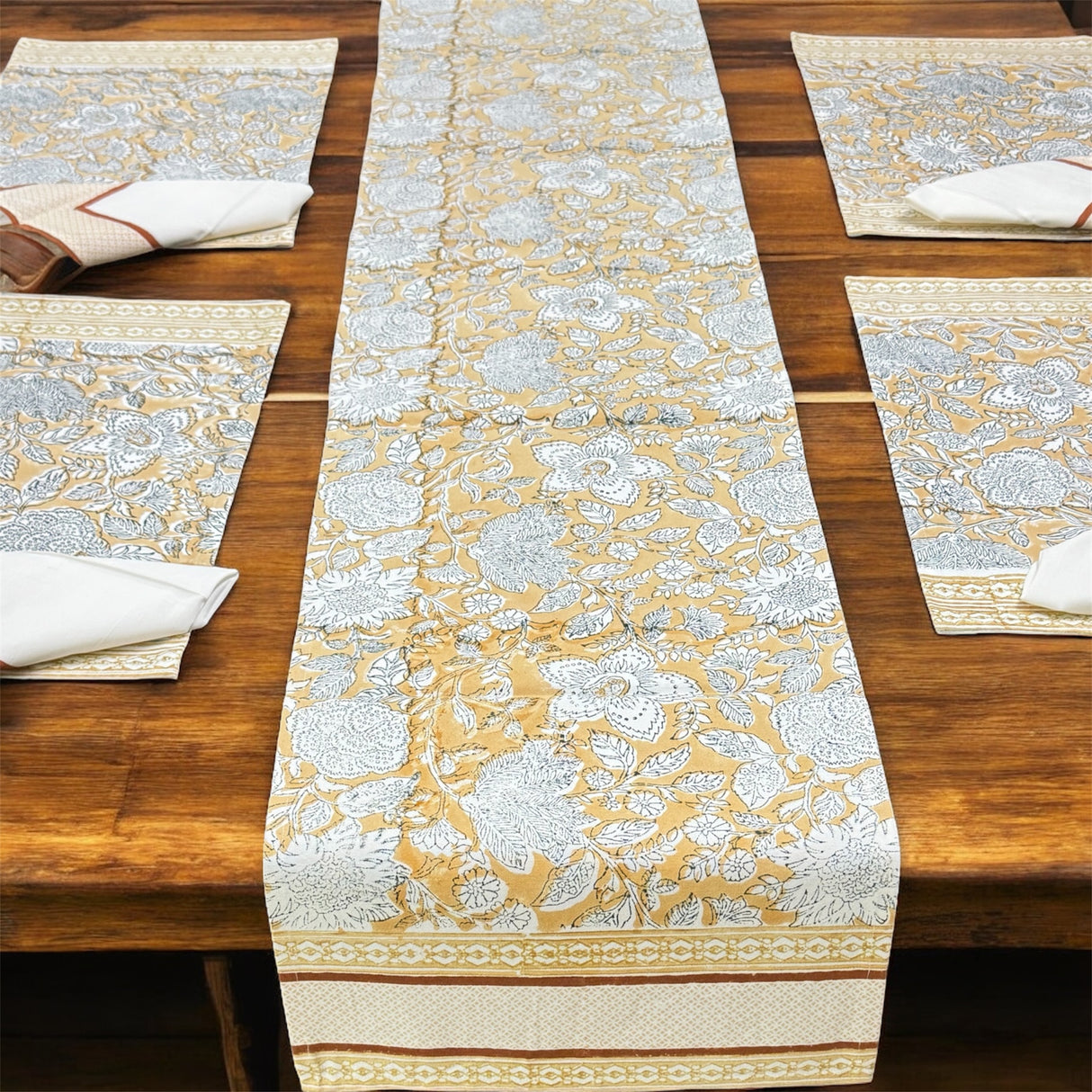 Blockprint Table Runner, Mat & Napkin Set- 6 Seater