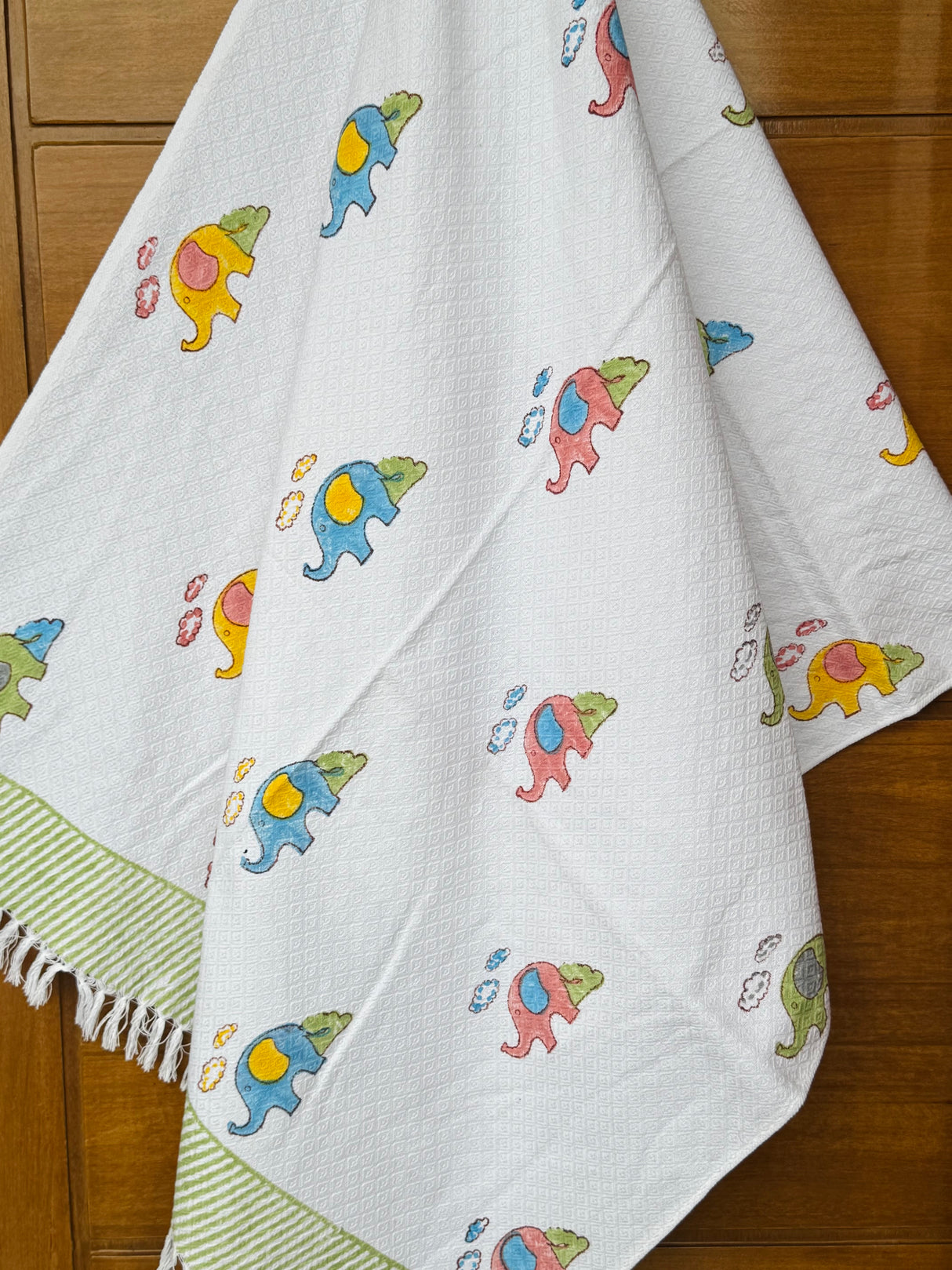 Vibrant Elephants Blockprint Kids Towel – Cotton Jacquard Weave