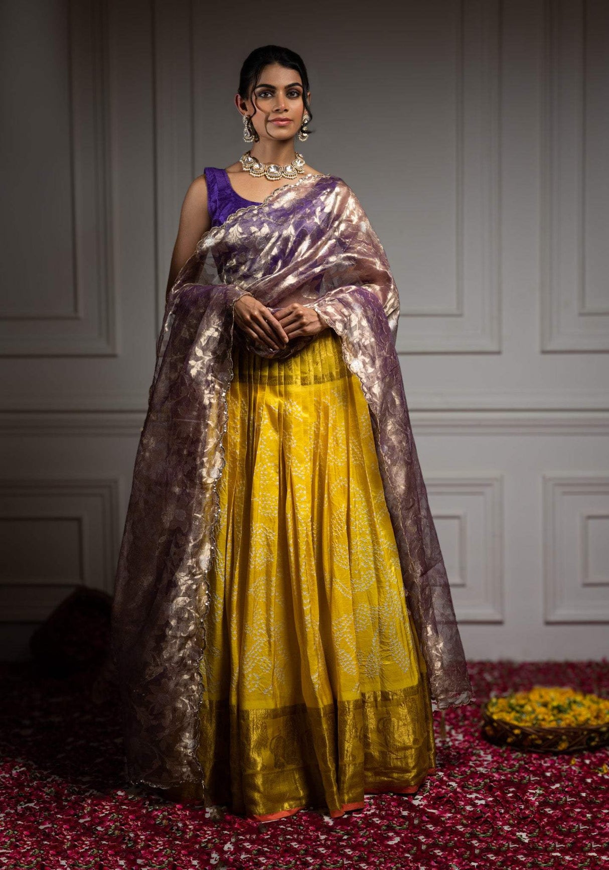 Pure Handloom Kanjeevaram Silk Bandhani Lehenga With Tissue Dupatta