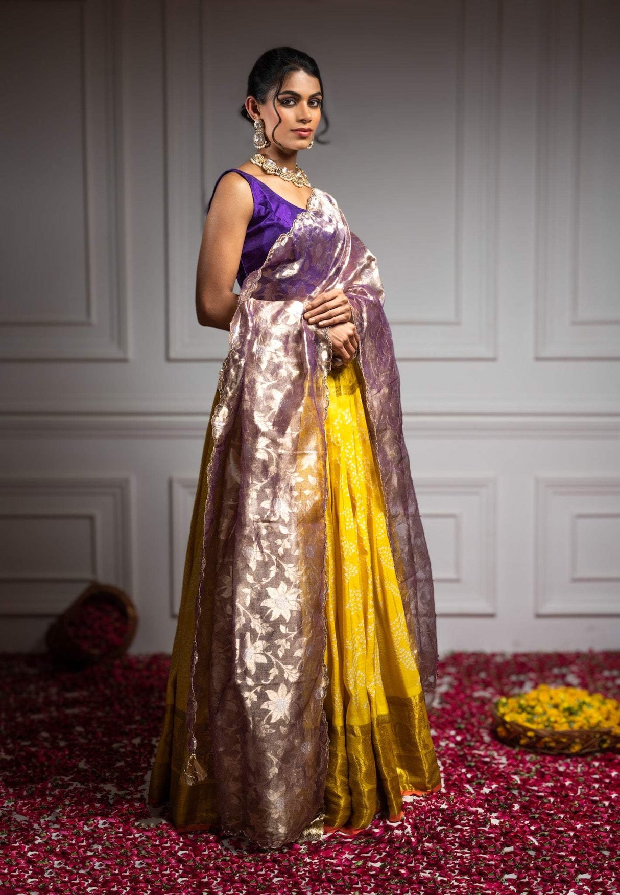 Pure Handloom Kanjeevaram Silk Bandhani Lehenga With Tissue Dupatta