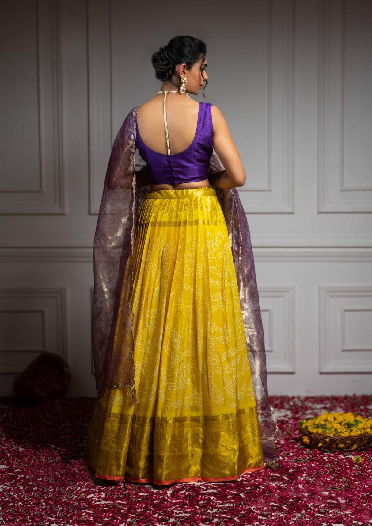 Pure Handloom Kanjeevaram Silk Bandhani Lehenga With Tissue Dupatta