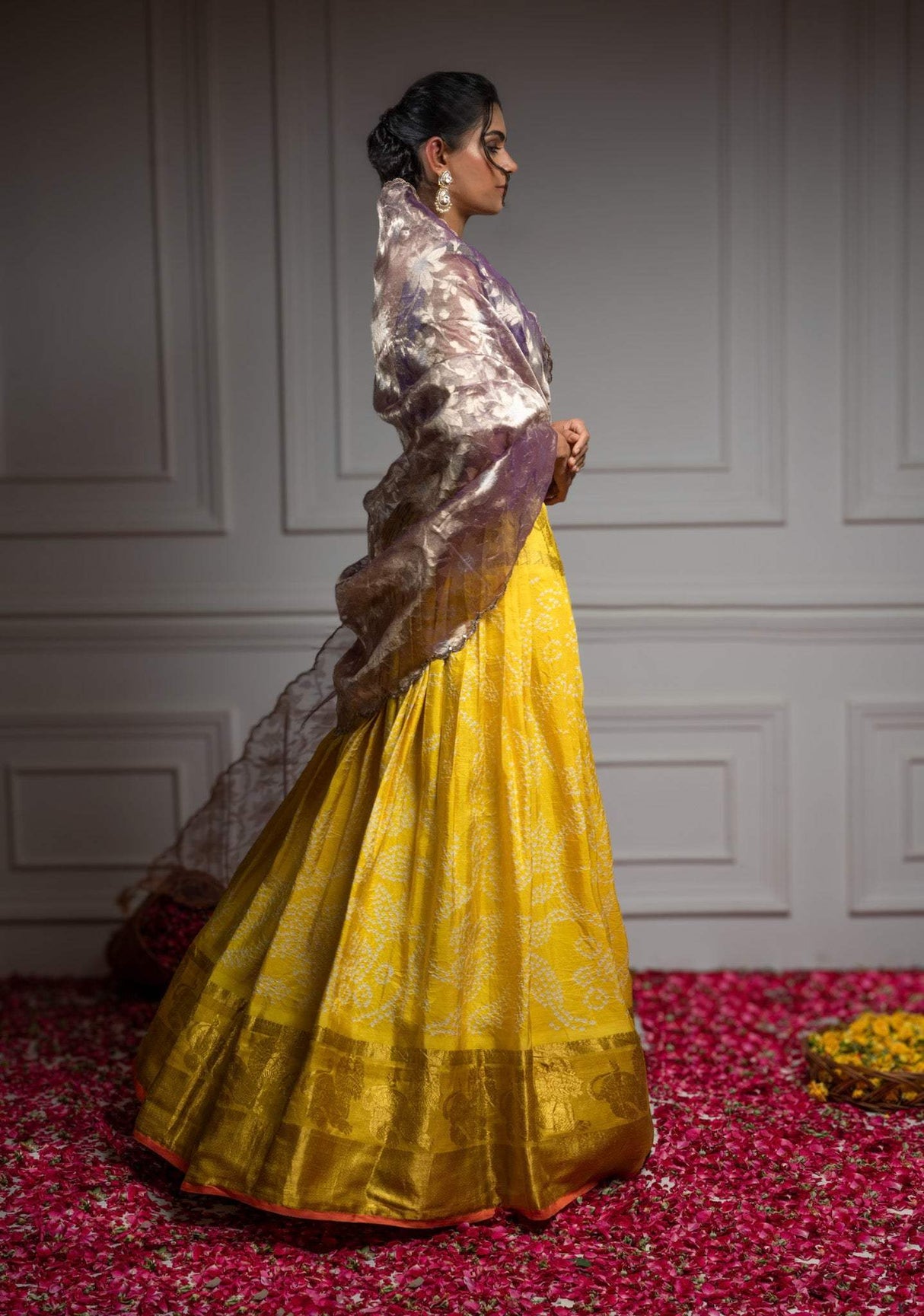 Pure Handloom Kanjeevaram Silk Bandhani Lehenga With Tissue Dupatta