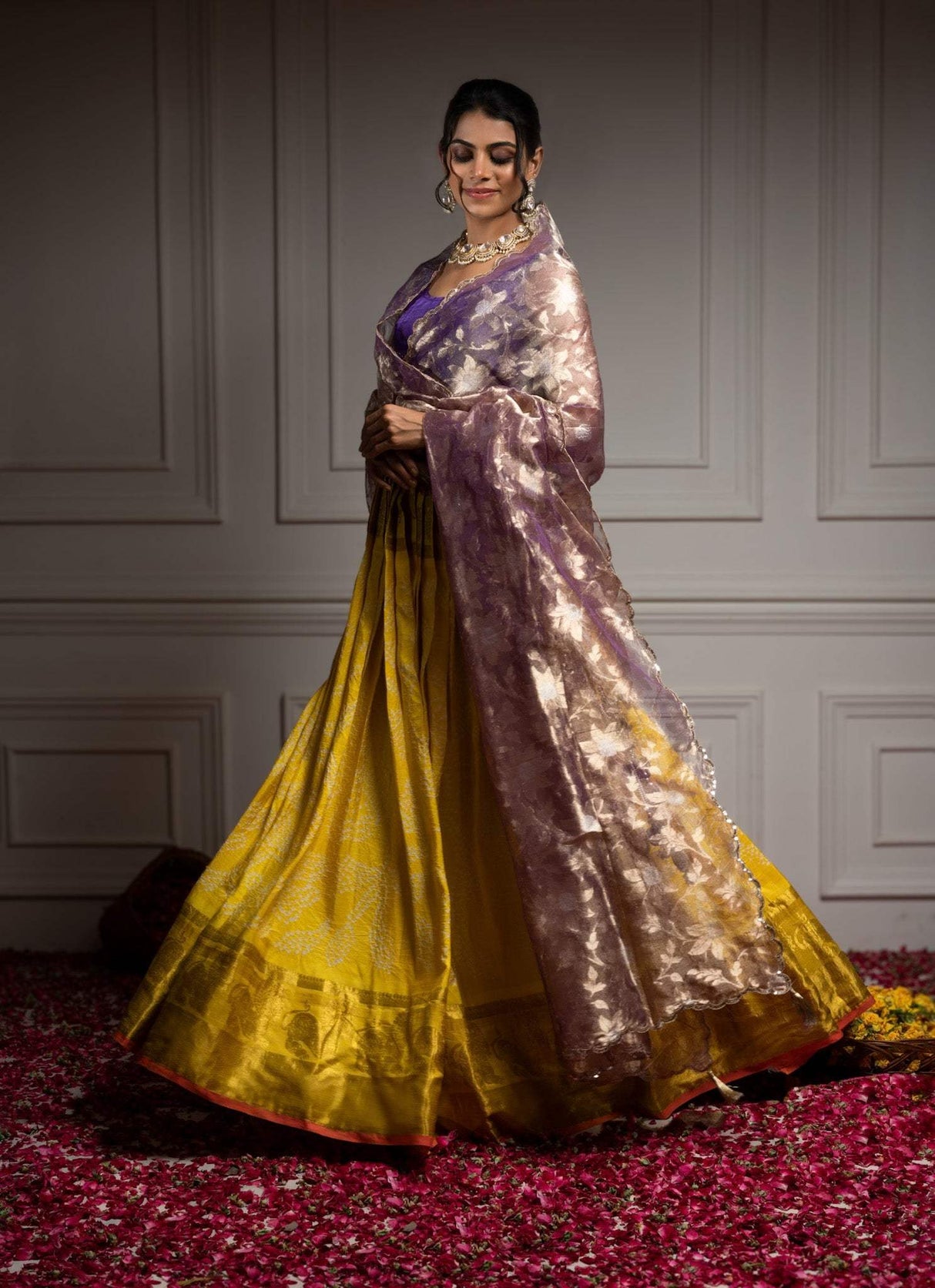 Pure Handloom Kanjeevaram Silk Bandhani Lehenga With Tissue Dupatta