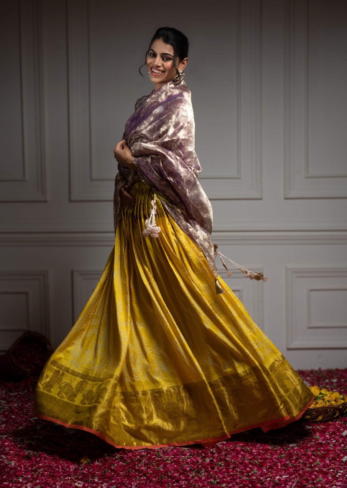 Pure Handloom Kanjeevaram Silk Bandhani Lehenga With Tissue Dupatta