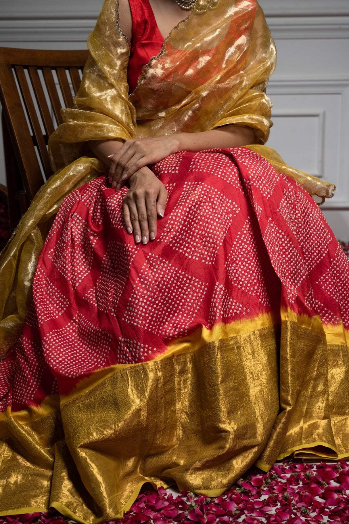 Red & Yellow Pure Kanjeevaram Silk Bandhani Lehenga With Tissue Dupatta