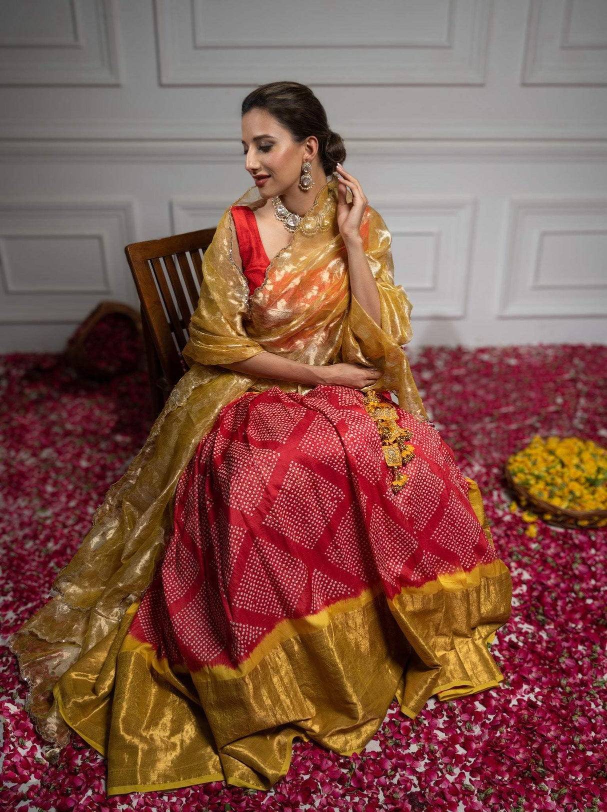 Red & Yellow Pure Kanjeevaram Silk Bandhani Lehenga With Tissue Dupatta