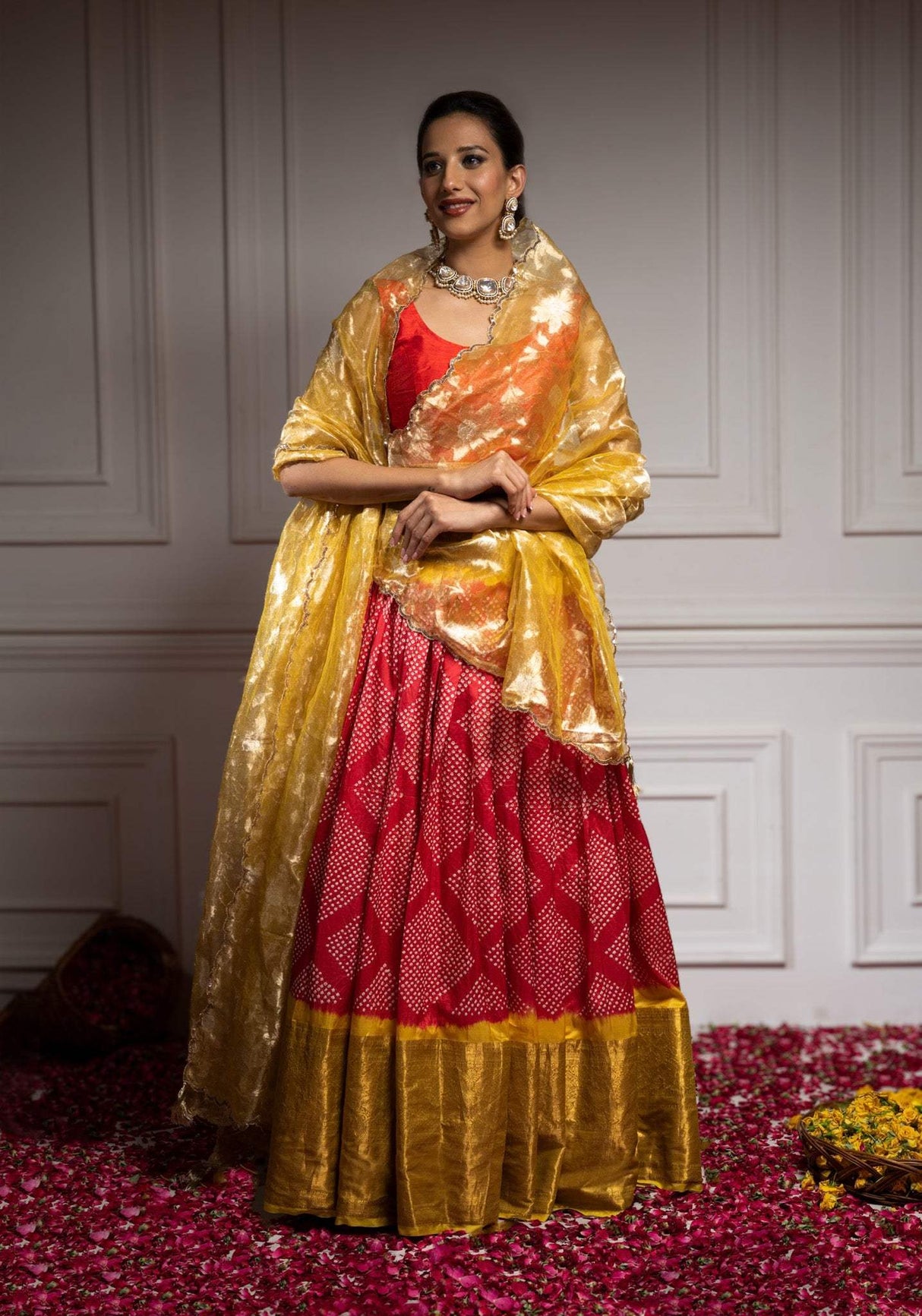 Red & Yellow Pure Kanjeevaram Silk Bandhani Lehenga With Tissue Dupatta
