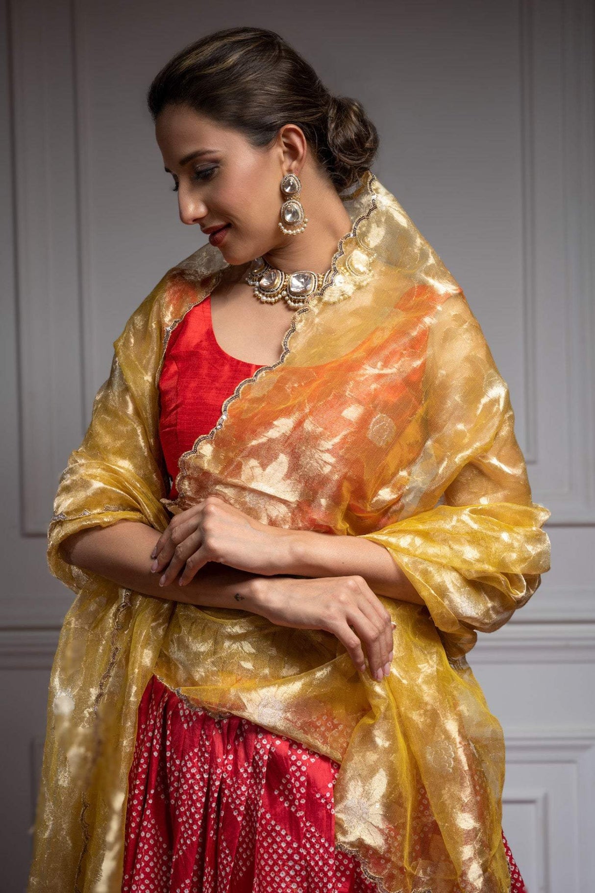 Red & Yellow Pure Kanjeevaram Silk Bandhani Lehenga With Tissue Dupatta