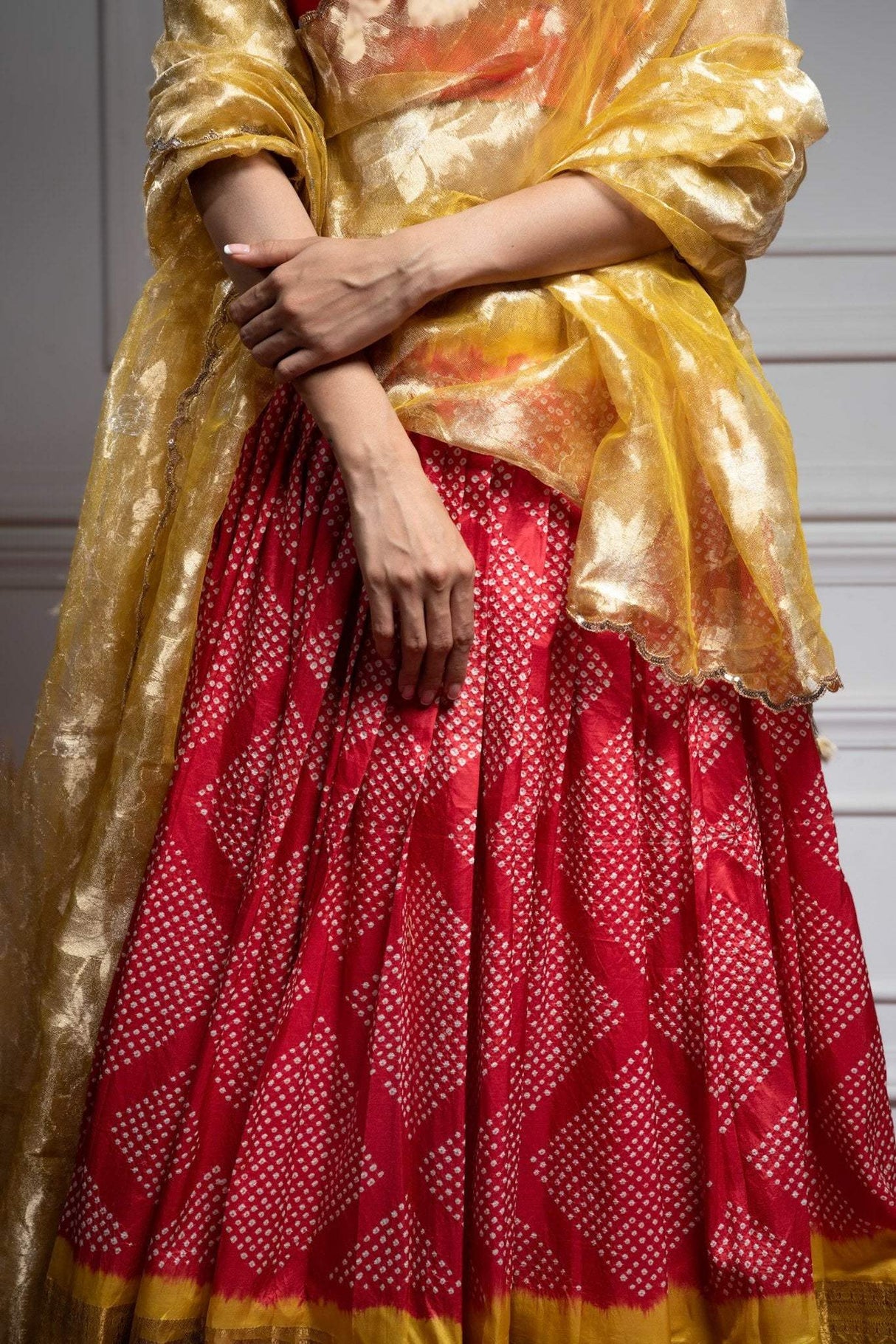 Red & Yellow Pure Kanjeevaram Silk Bandhani Lehenga With Tissue Dupatta