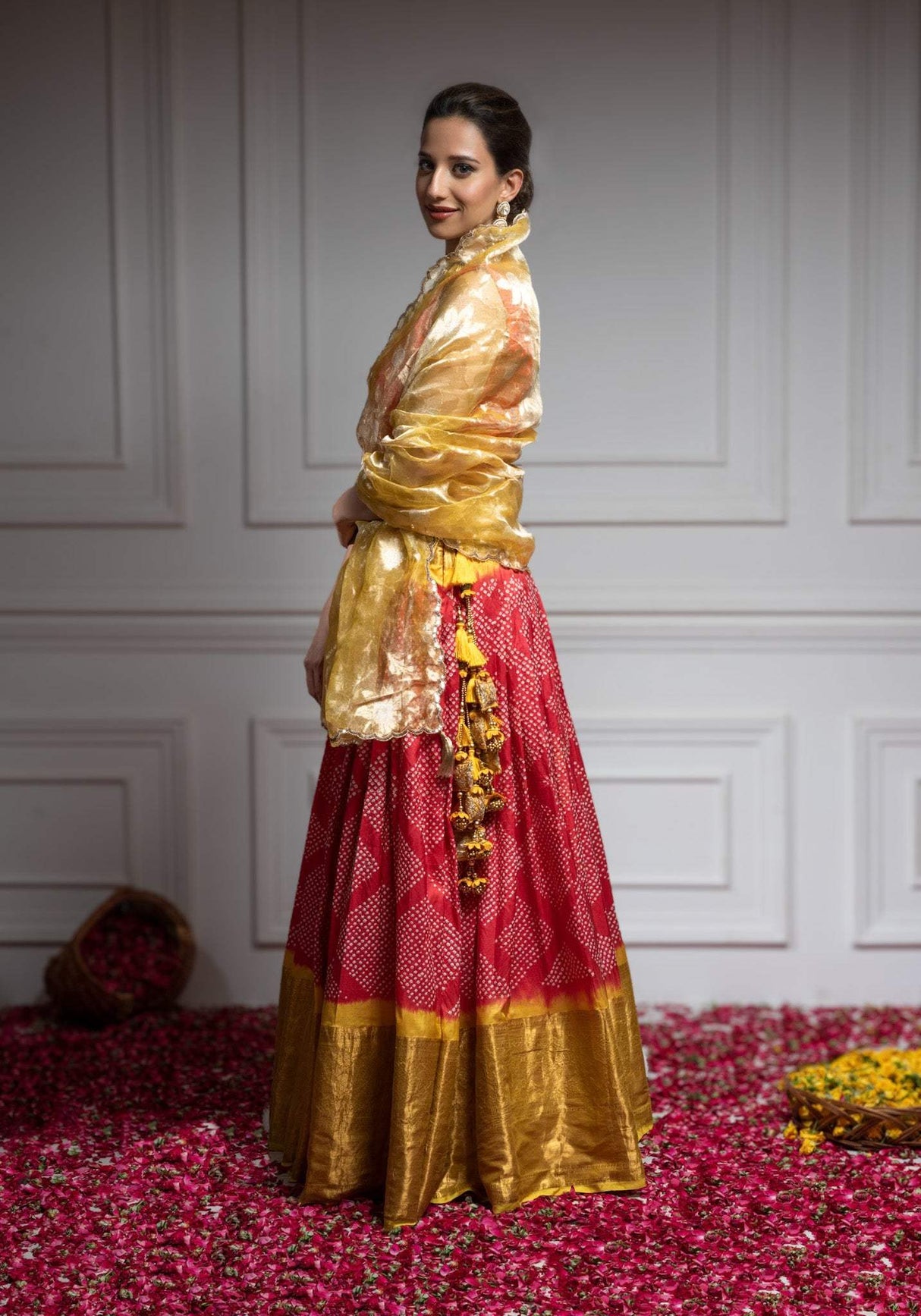 Red & Yellow Pure Kanjeevaram Silk Bandhani Lehenga With Tissue Dupatta