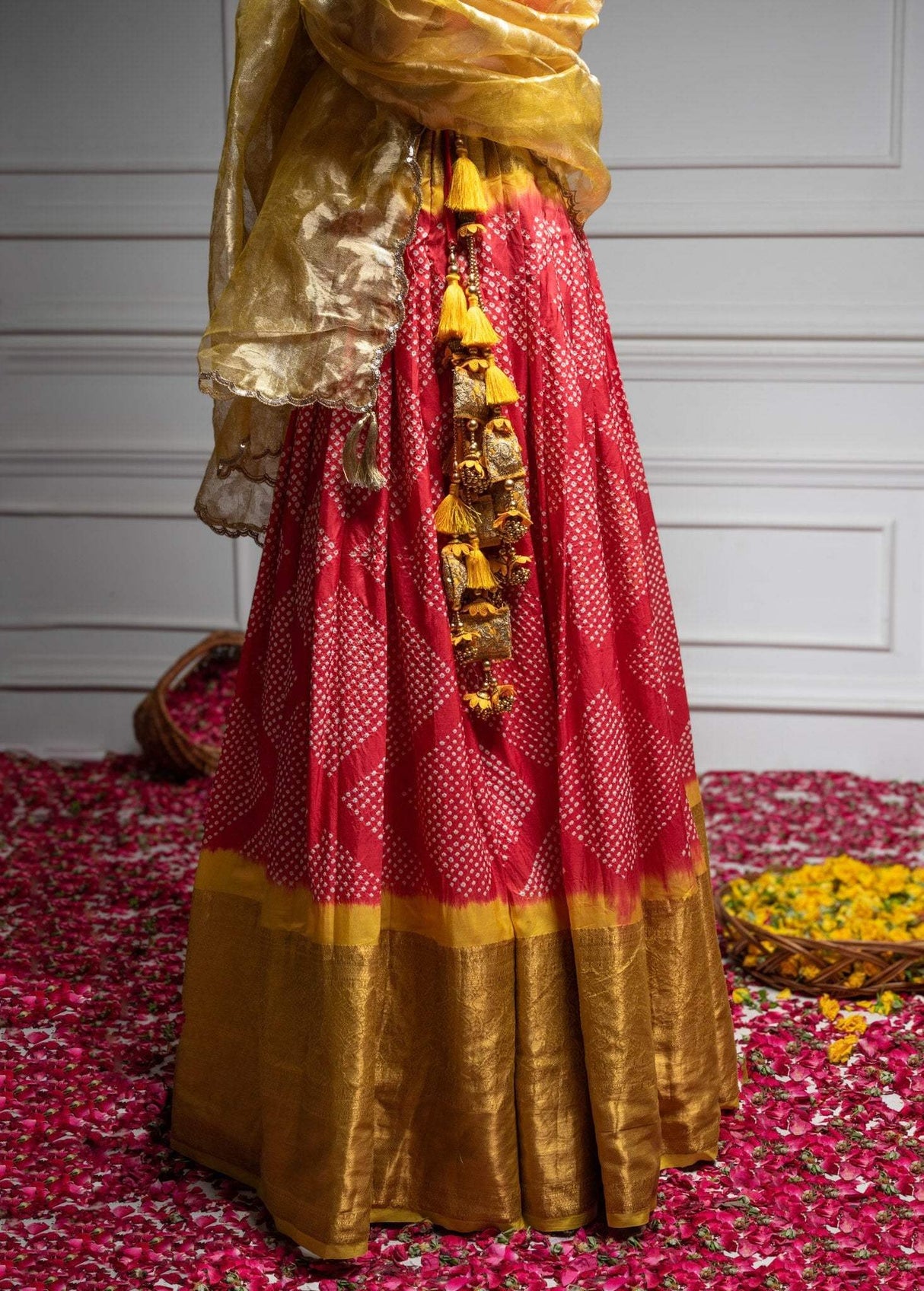Red & Yellow Pure Kanjeevaram Silk Bandhani Lehenga With Tissue Dupatta