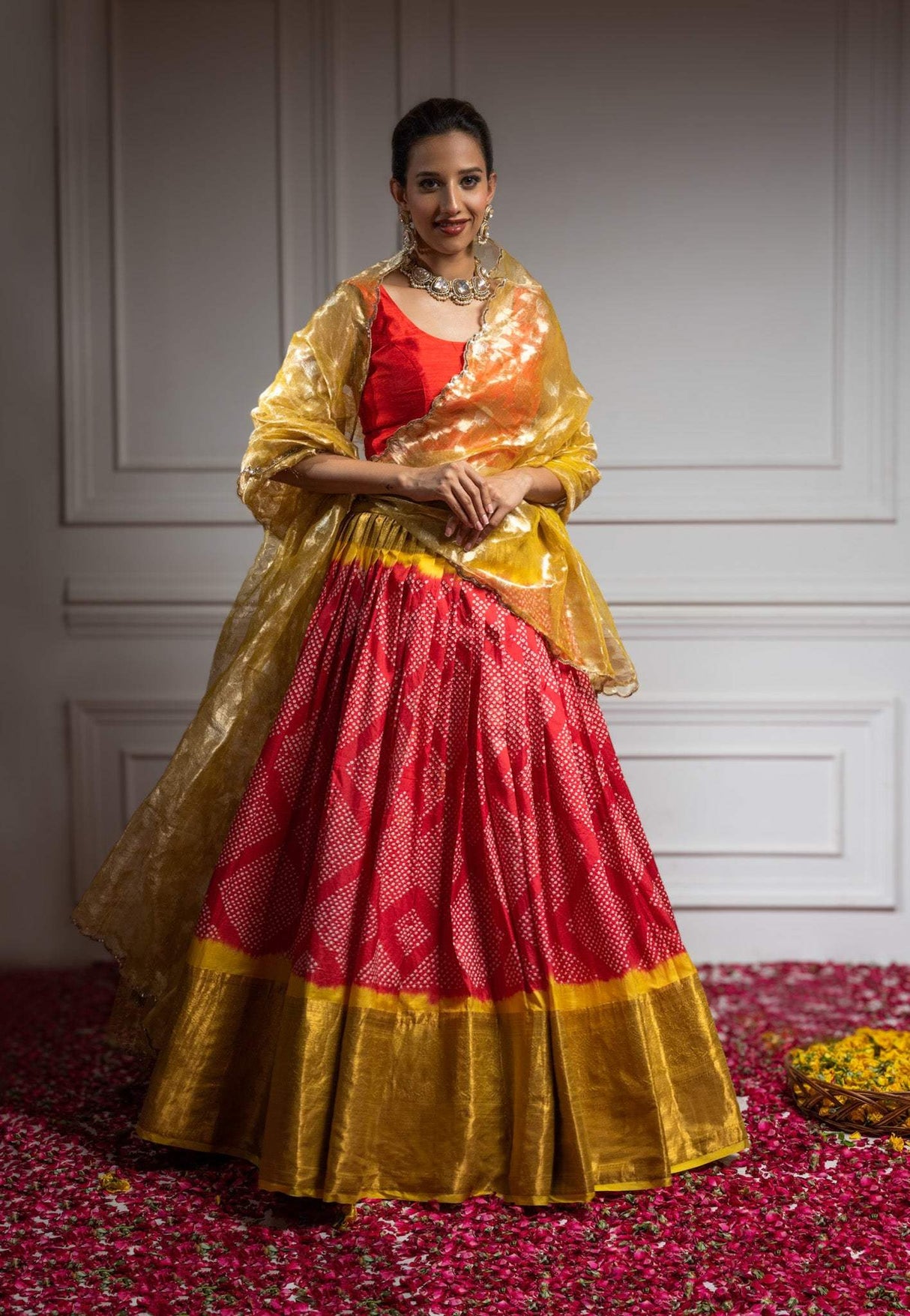 Red & Yellow Pure Kanjeevaram Silk Bandhani Lehenga With Tissue Dupatta