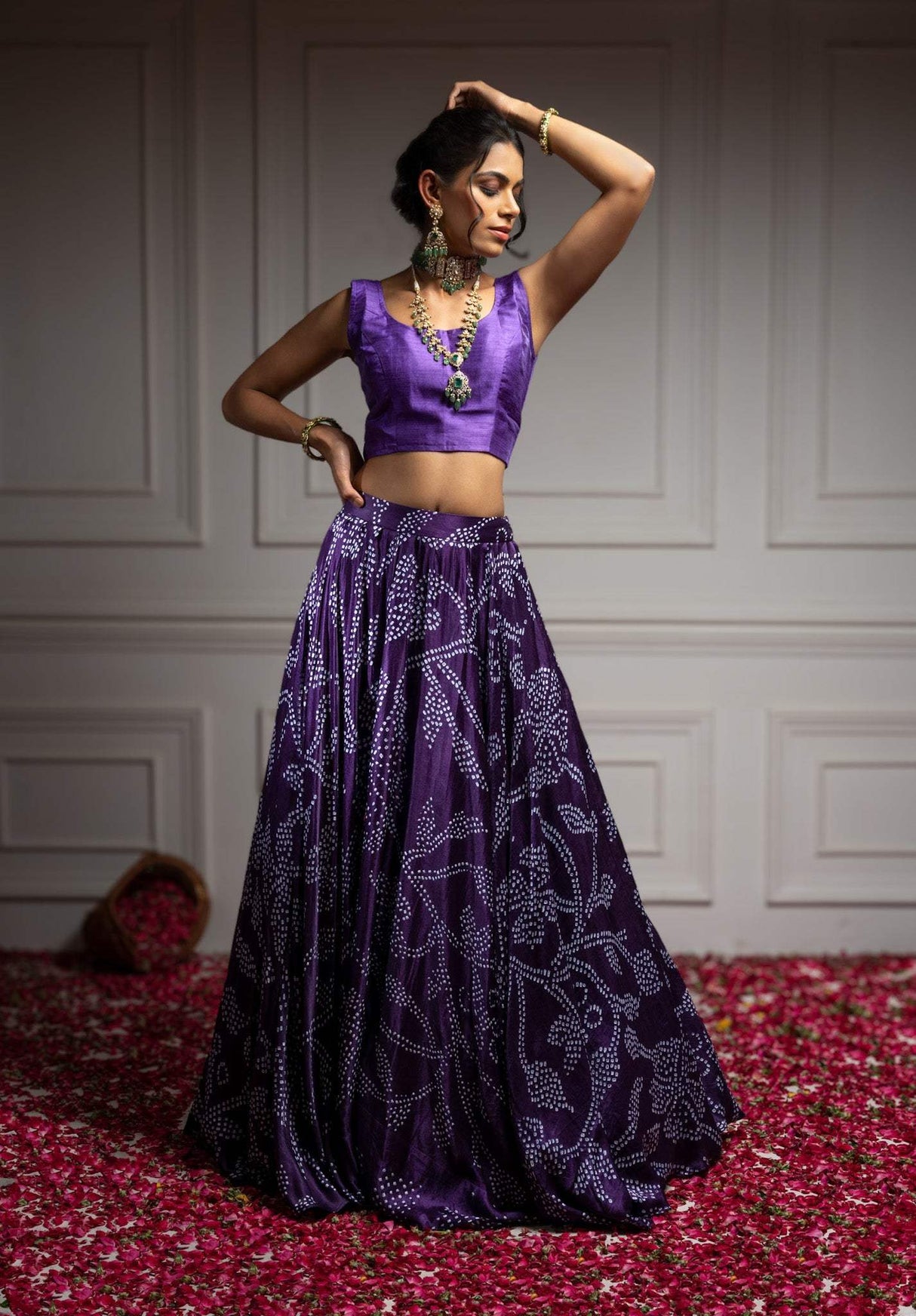 Floral Dark Purple Pure Gajji Silk Bandhani Skirt