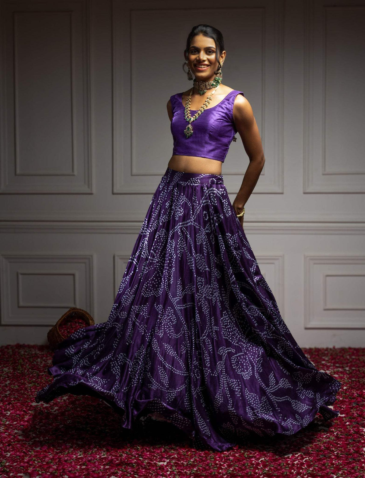 Floral Dark Purple Pure Gajji Silk Bandhani Skirt
