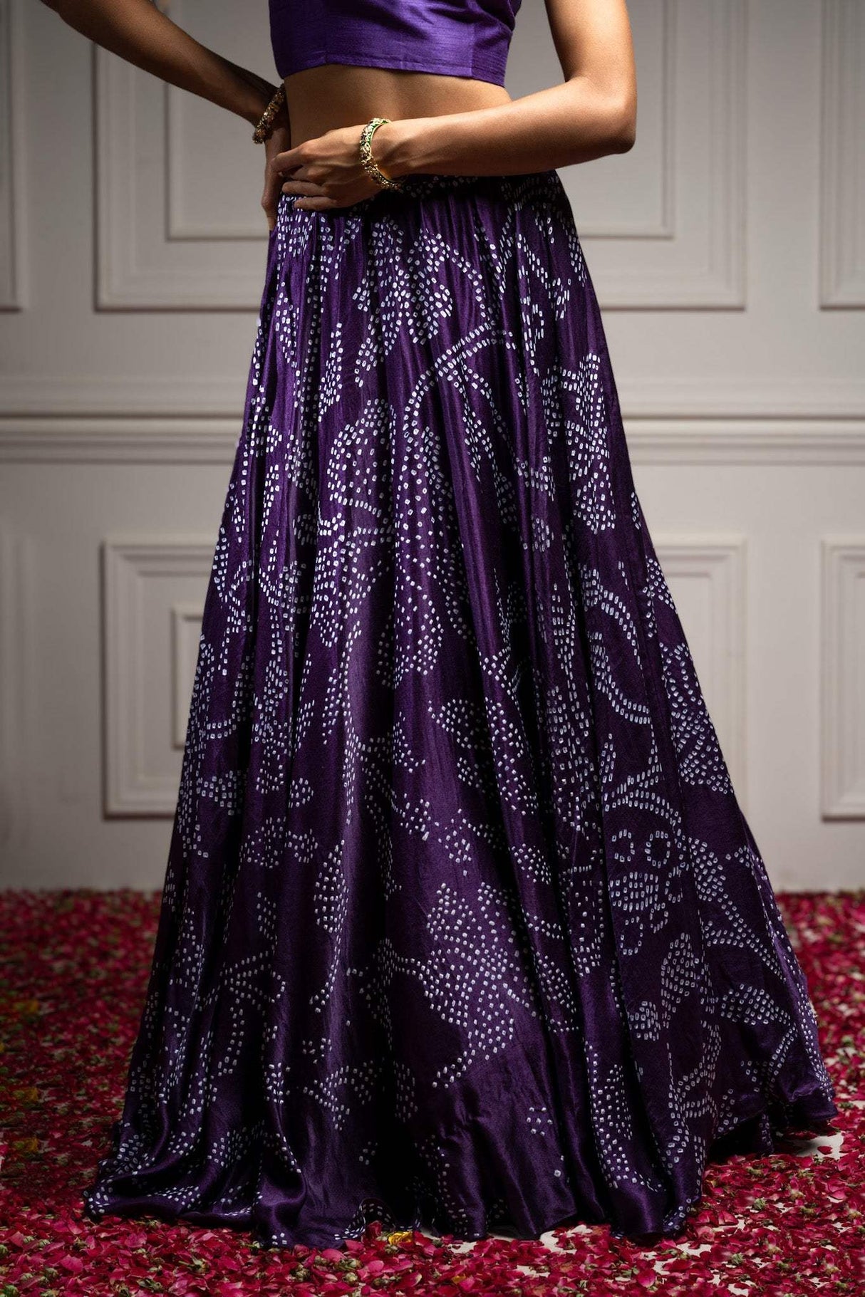Floral Dark Purple Pure Gajji Silk Bandhani Skirt