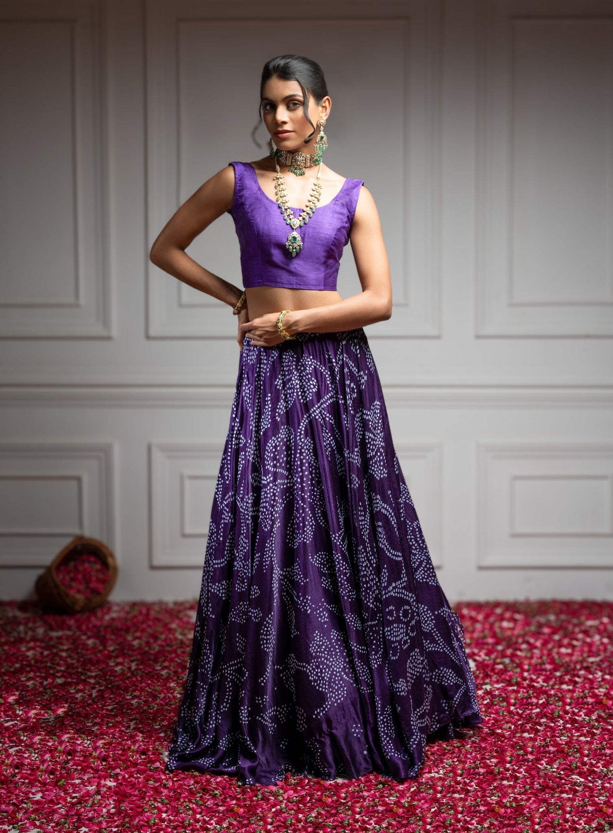 Floral Dark Purple Pure Gajji Silk Bandhani Skirt