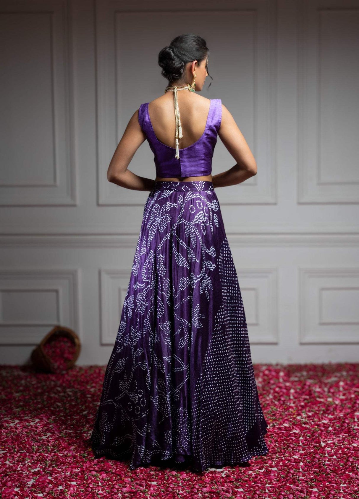 Floral Dark Purple Pure Gajji Silk Bandhani Skirt