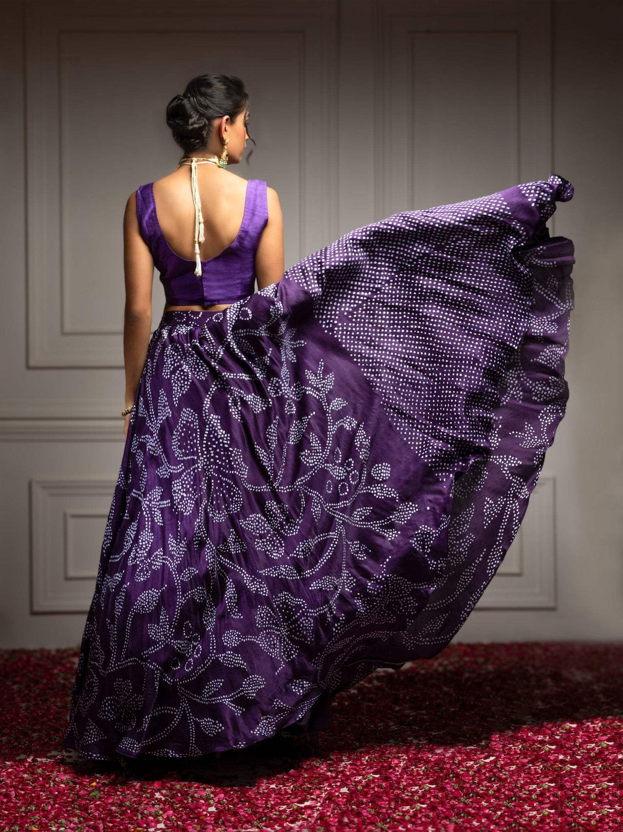 Floral Dark Purple Pure Gajji Silk Bandhani Skirt
