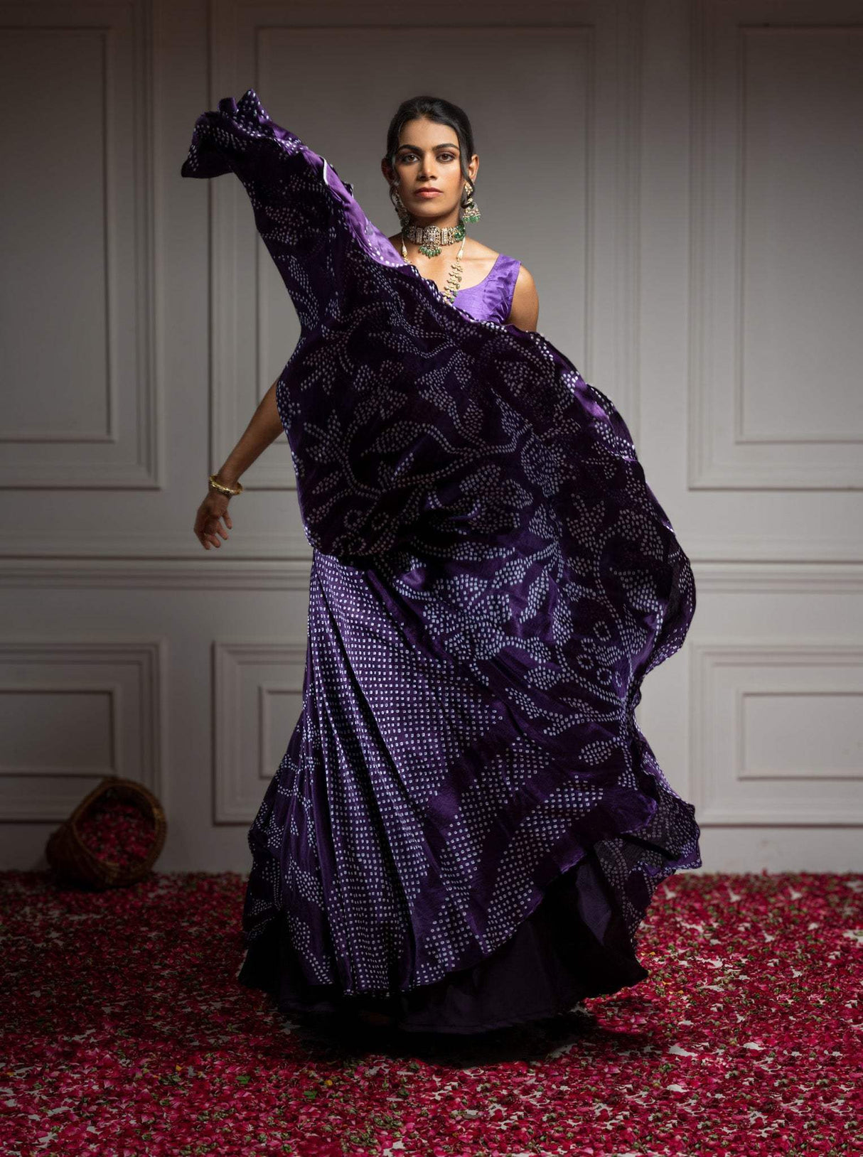 Floral Dark Purple Pure Gajji Silk Bandhani Skirt