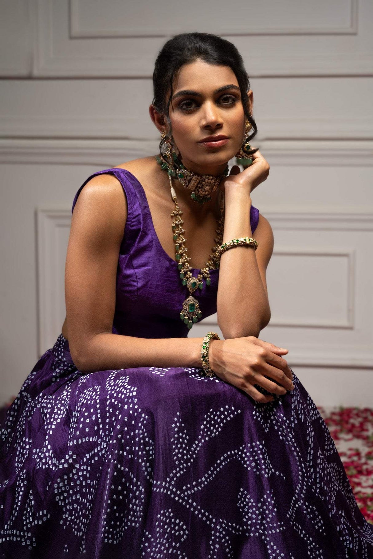 Floral Dark Purple Pure Gajji Silk Bandhani Skirt