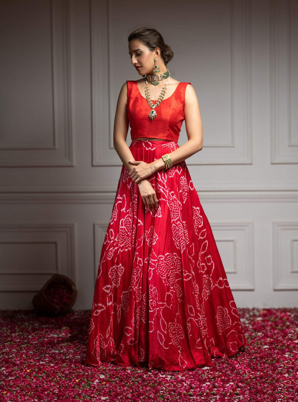 Floral Red Pure Gajji Silk Bandhani Skirt