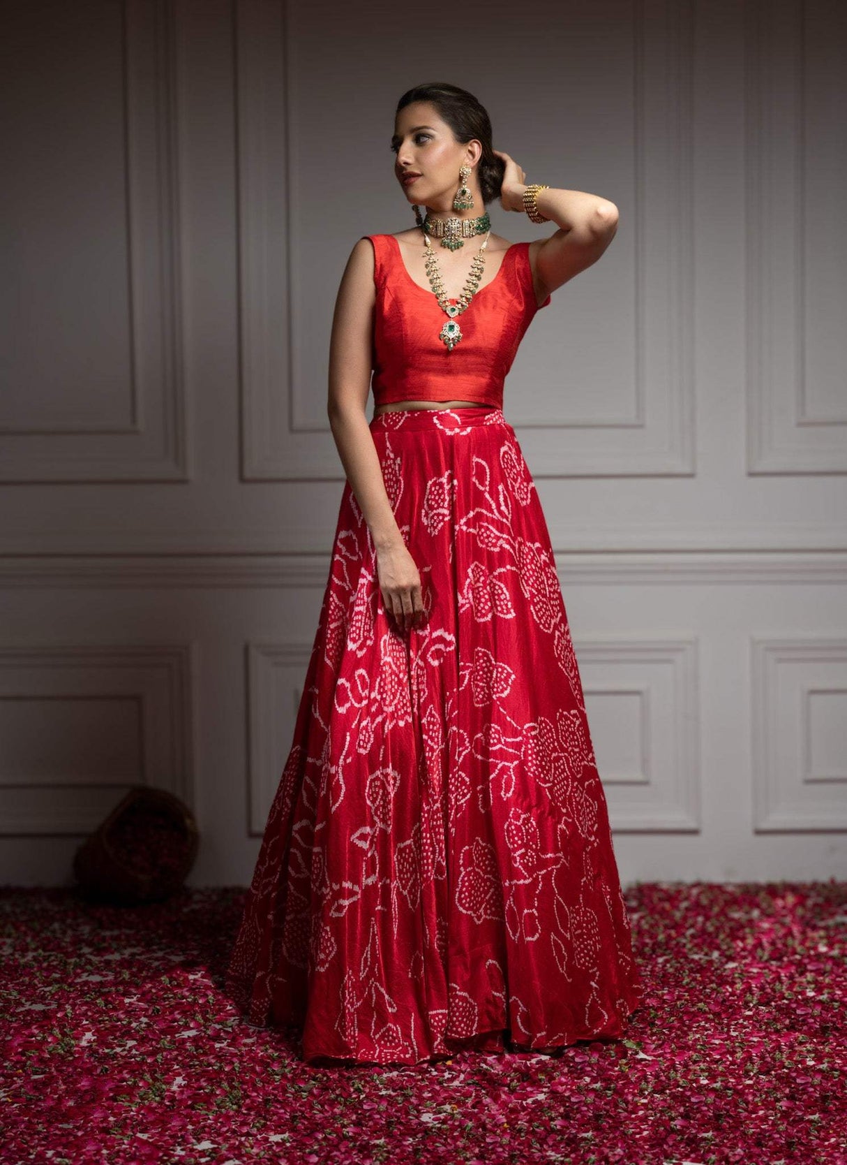 Floral Red Pure Gajji Silk Bandhani Skirt