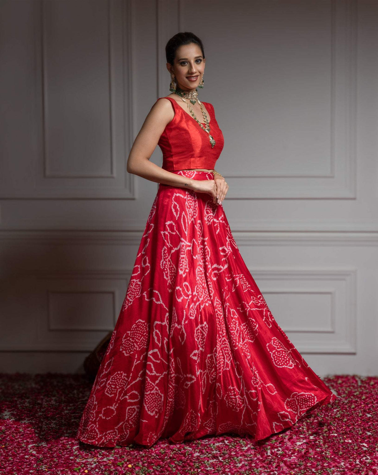 Floral Red Pure Gajji Silk Bandhani Skirt