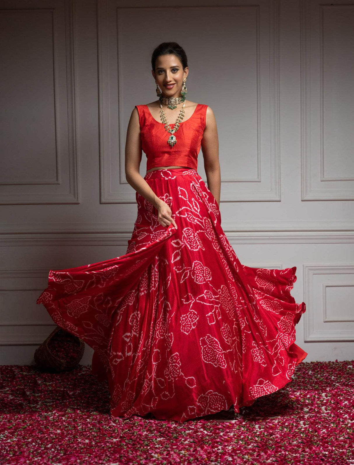 Floral Red Pure Gajji Silk Bandhani Skirt