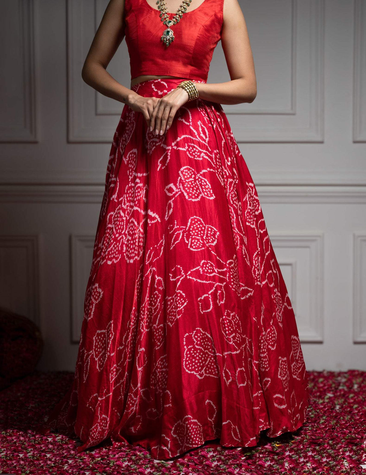 Floral Red Pure Gajji Silk Bandhani Skirt