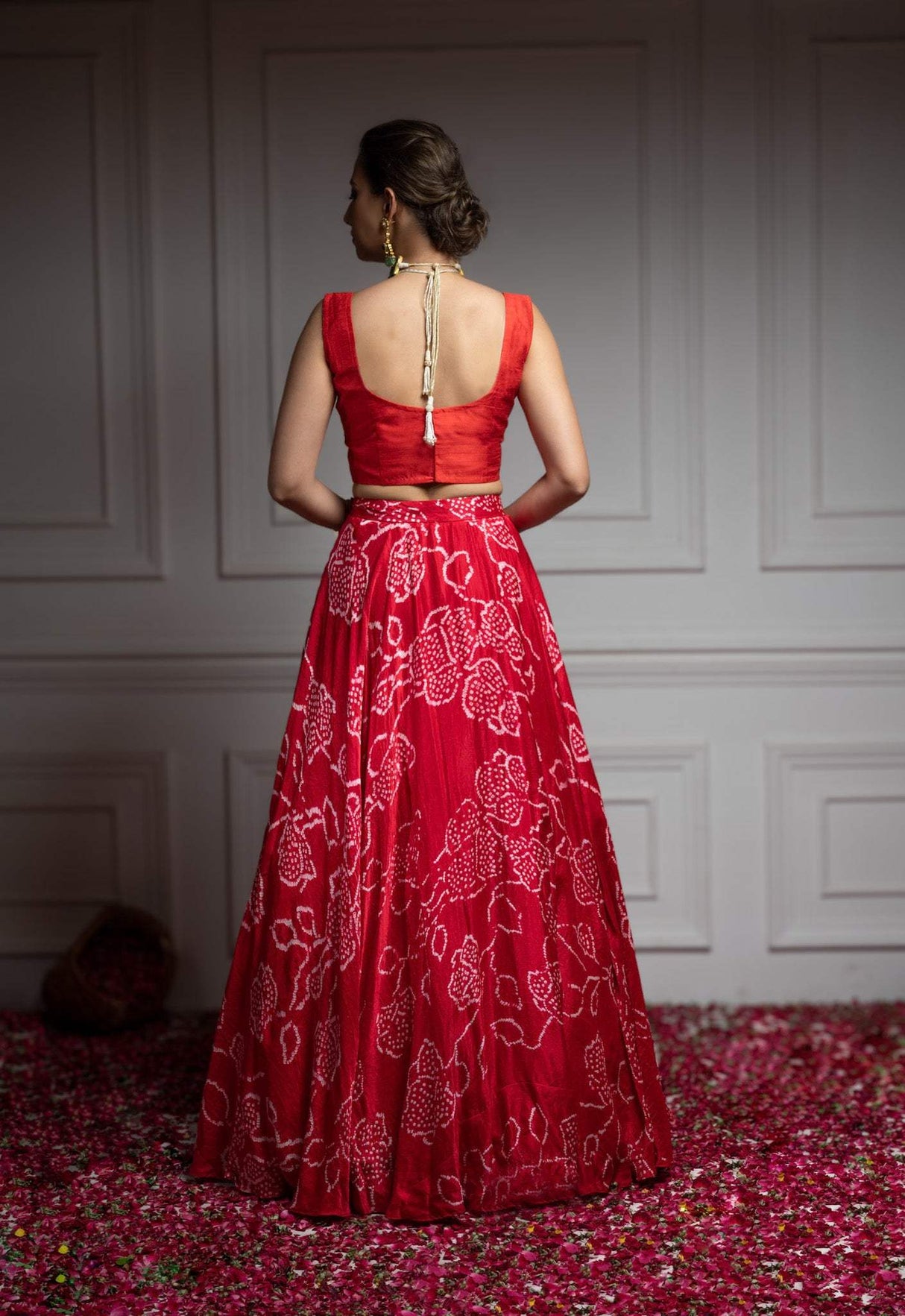 Floral Red Pure Gajji Silk Bandhani Skirt