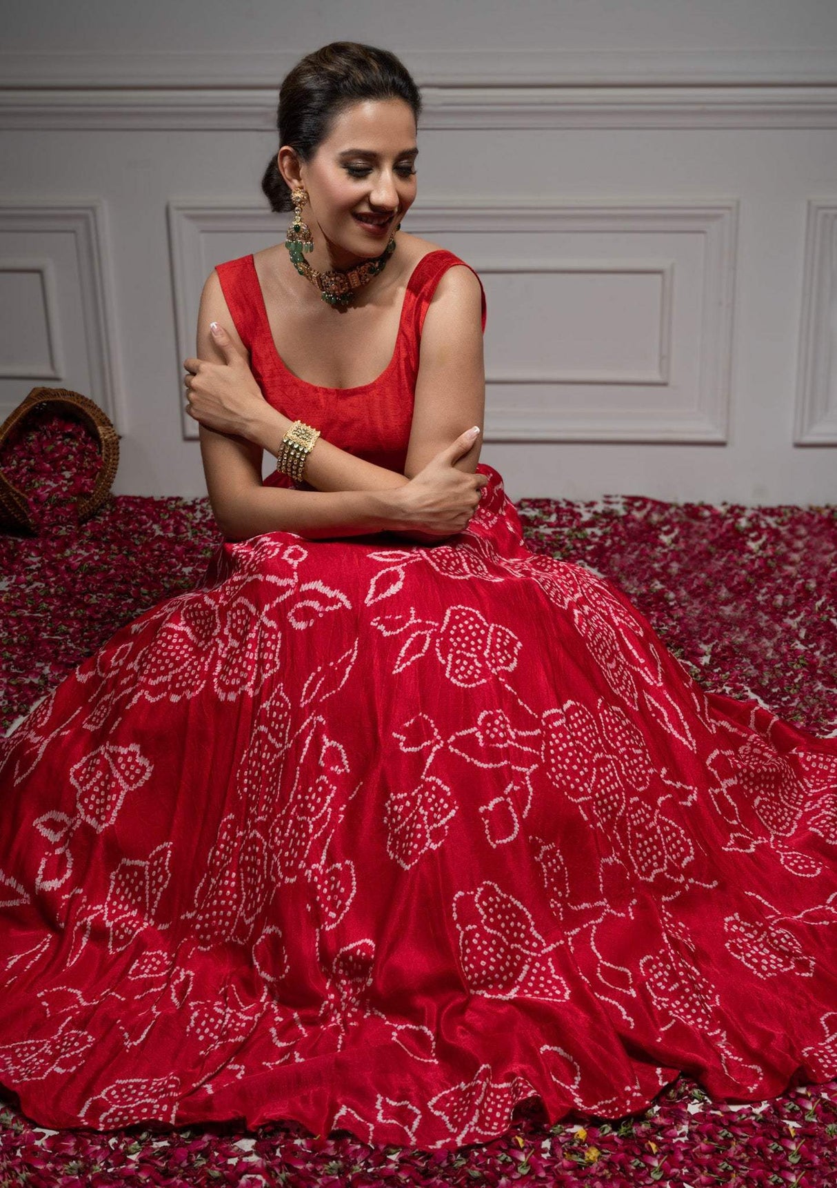 Floral Red Pure Gajji Silk Bandhani Skirt