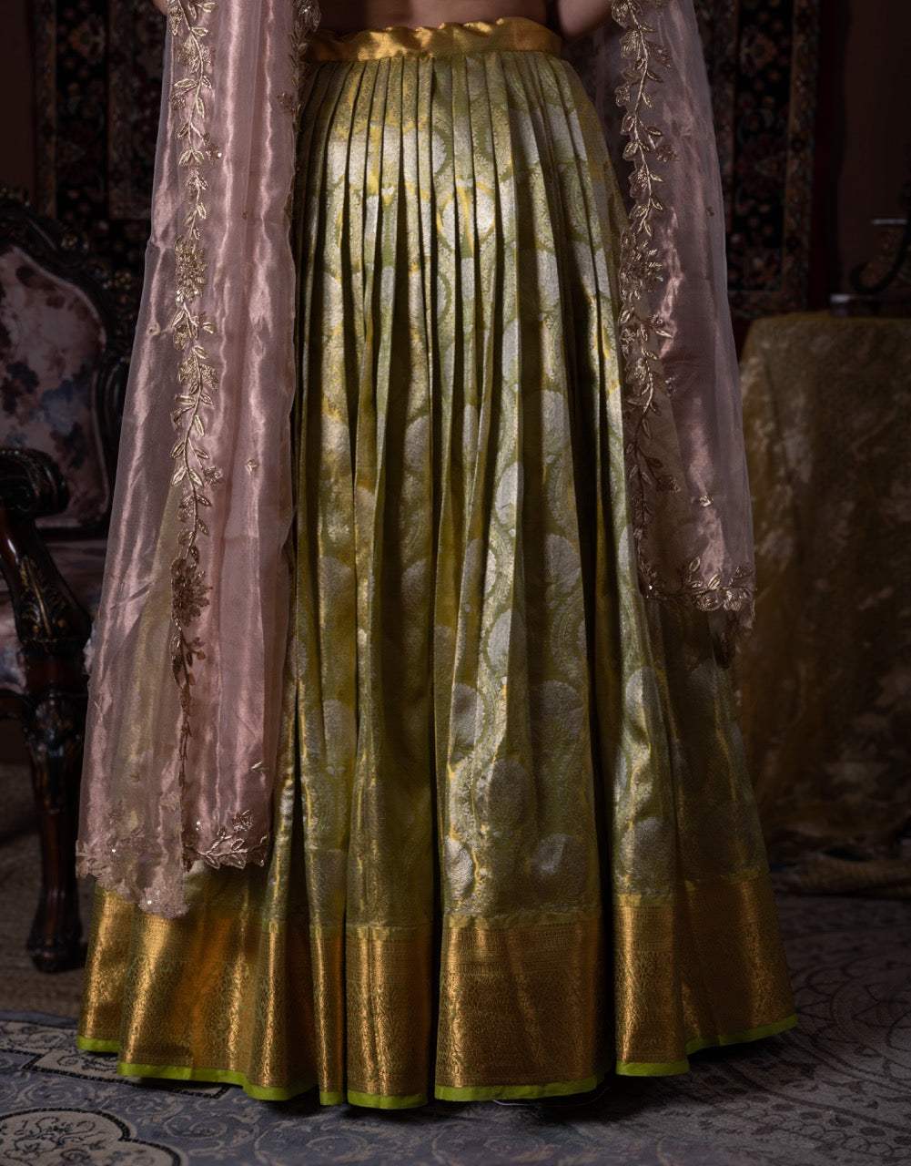 Shade of Green Limited Edition Pure Kanjivaram Silk Lehenga with Pure Chanderi Silk Hand Embroidered Dupatta