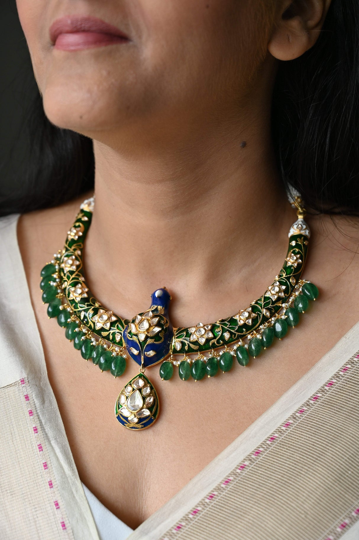 Enameled Legacy - Handcrafted 92.5 Silver Peacock Theme Meenakari Hasli with Earrings