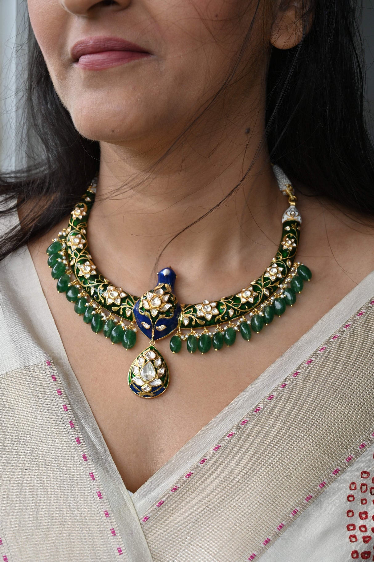 Enameled Legacy - Handcrafted 92.5 Silver Peacock Theme Meenakari Hasli with Earrings