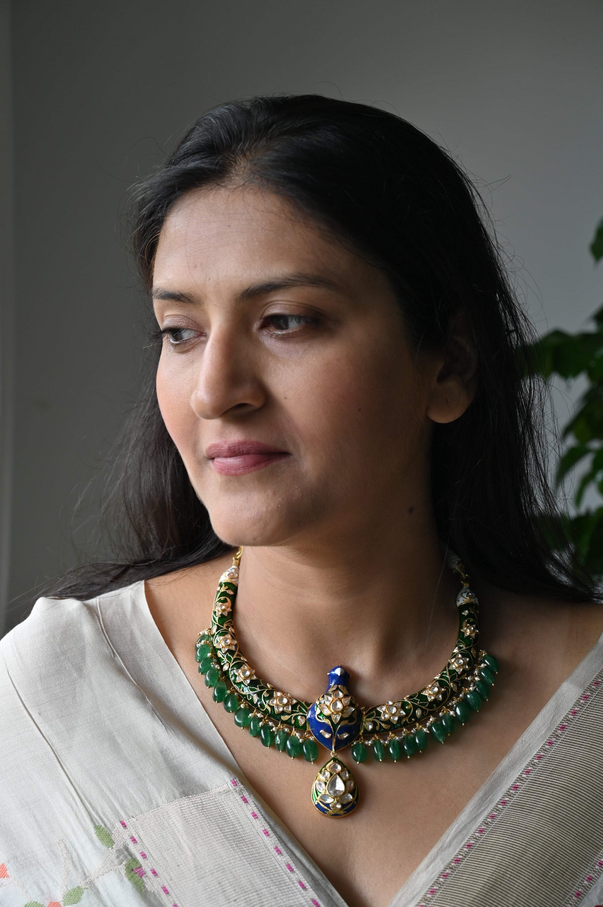 Enameled Legacy - Handcrafted 92.5 Silver Peacock Theme Meenakari Hasli with Earrings