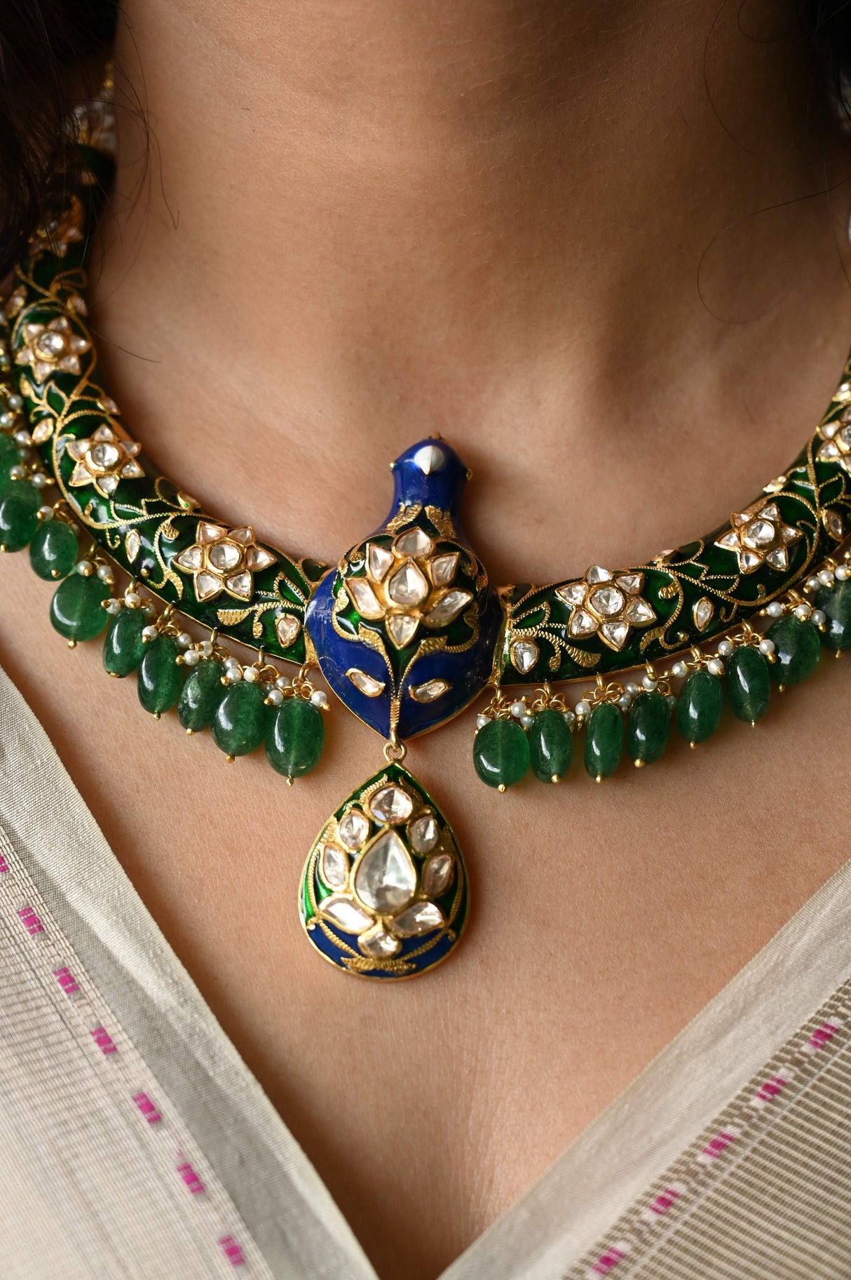 Enameled Legacy - Handcrafted 92.5 Silver Peacock Theme Meenakari Hasli with Earrings