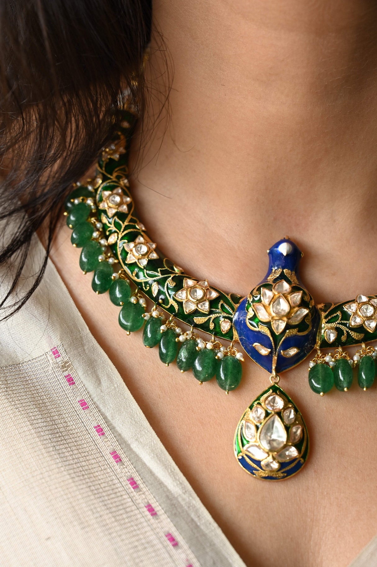 Enameled Legacy - Handcrafted 92.5 Silver Peacock Theme Meenakari Hasli with Earrings