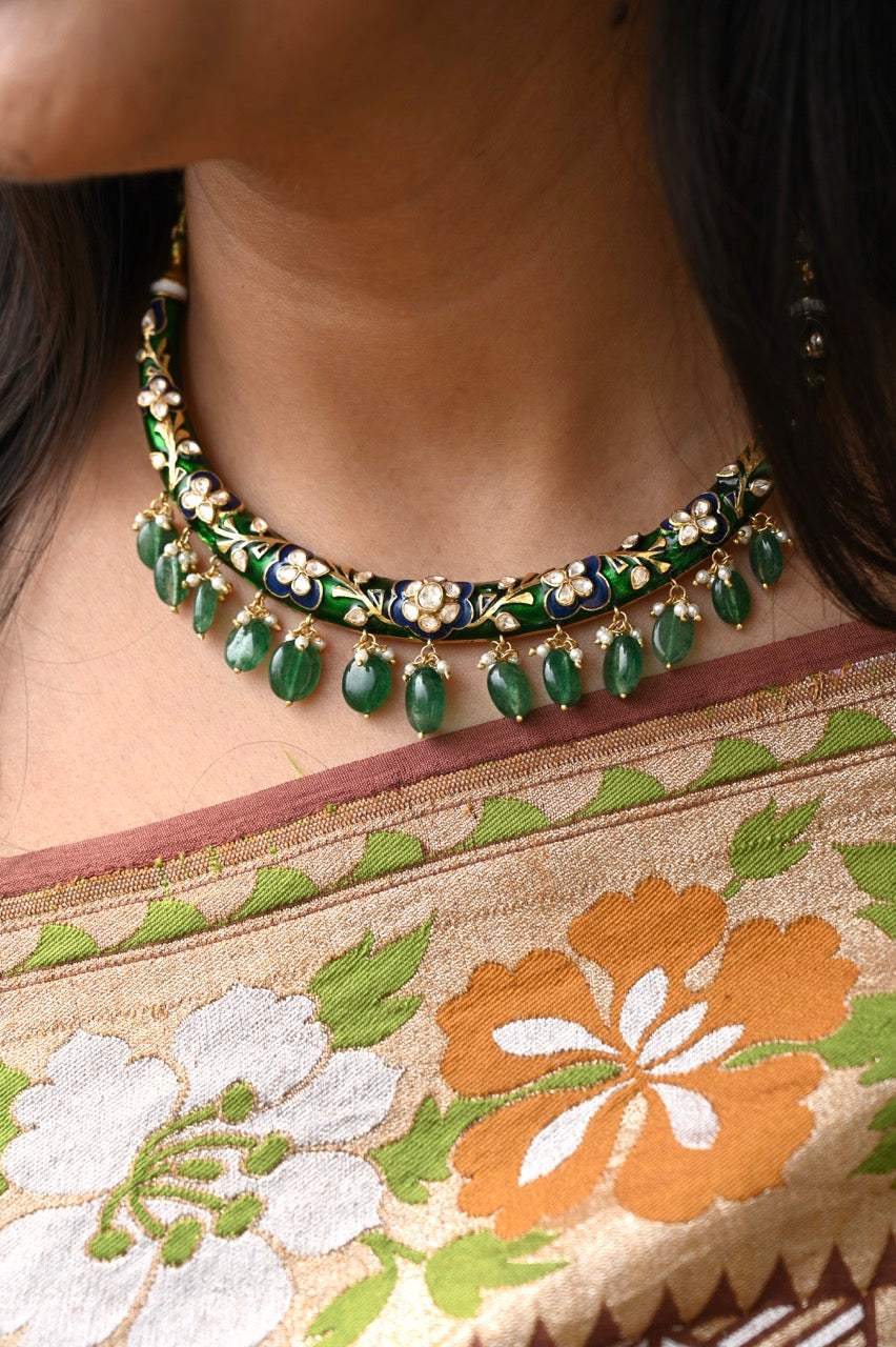 Aabha Hasli - Handcrafted 92.5 Silver Meenakari Hasli with Earrings