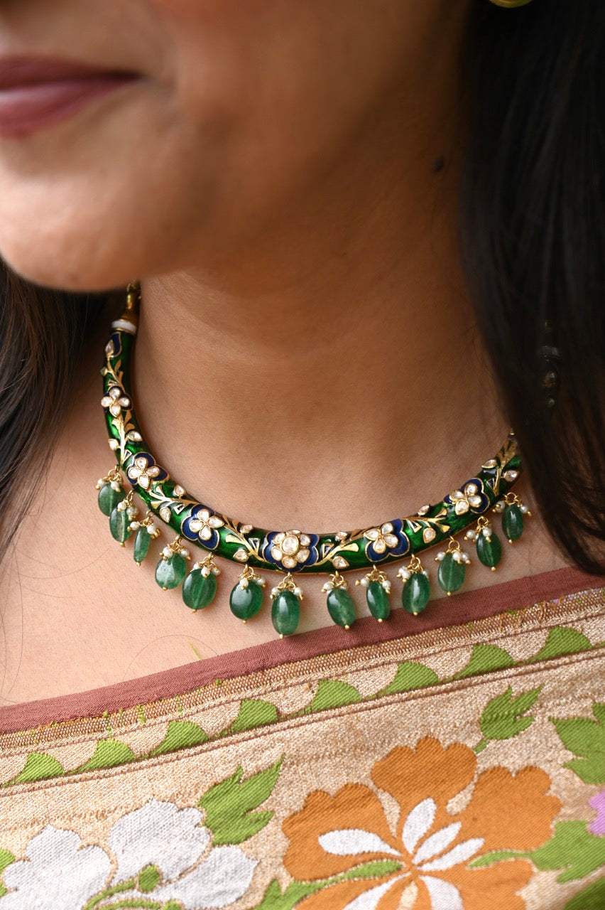 Aabha Hasli - Handcrafted 92.5 Silver Meenakari Hasli with Earrings