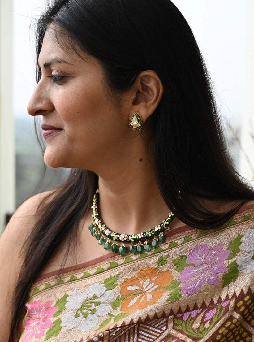 Aabha Hasli - Handcrafted 92.5 Silver Meenakari Hasli with Earrings