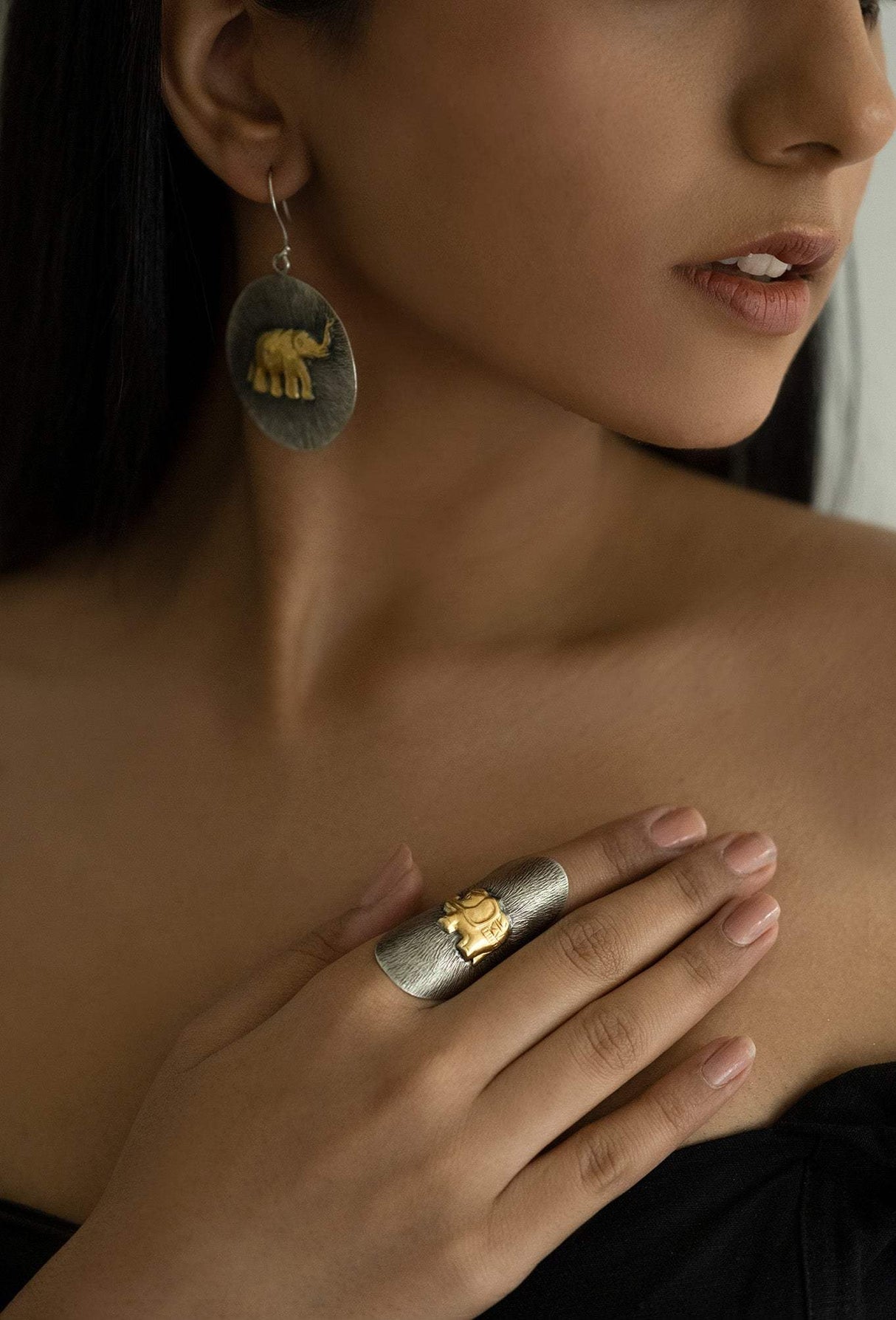 Elephant Theme Two Tone 92.5 Silver Ring