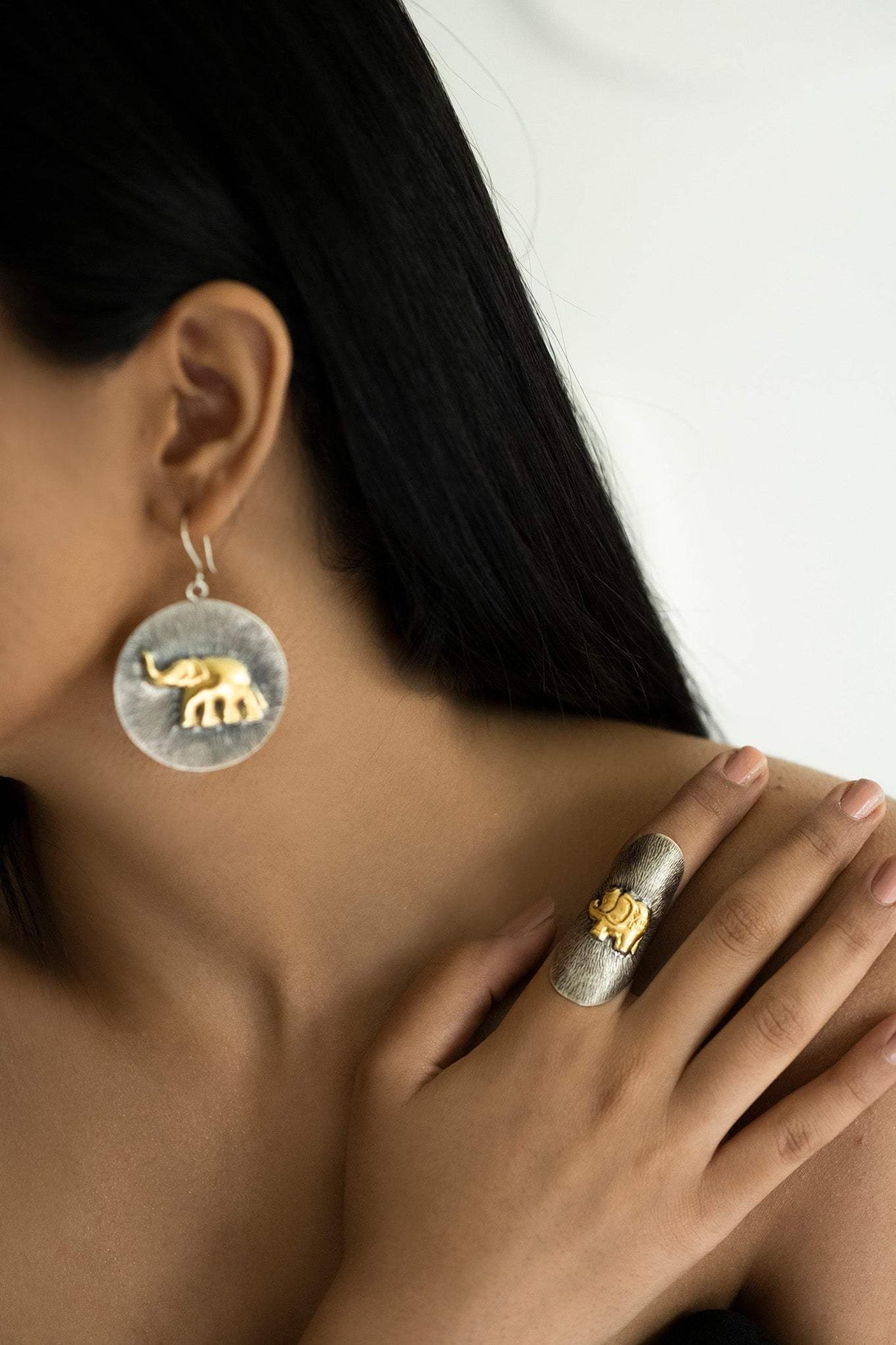 Elephant Theme Two Tone 92.5 Silver Ring