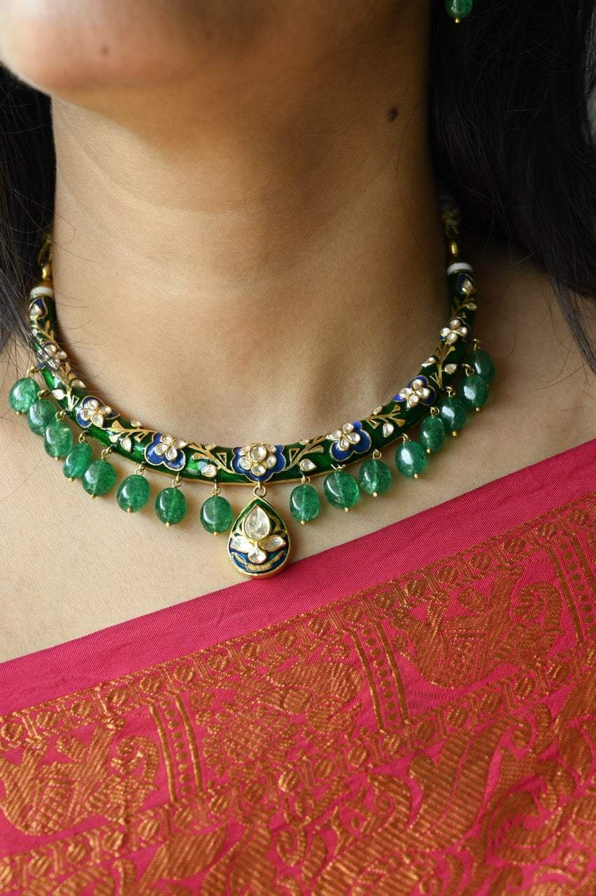 Meen Manjari - Handcrafted 92.5 Silver Meenakari Hasli with Earrings