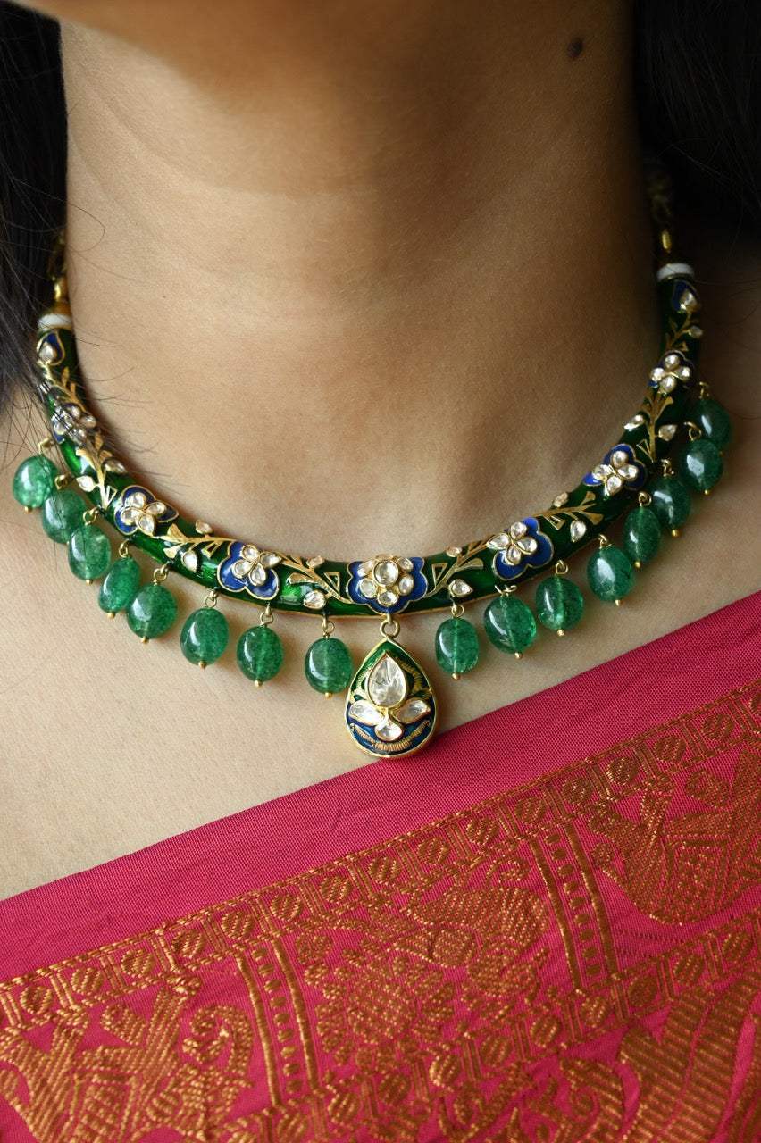 Meen Manjari - Handcrafted 92.5 Silver Meenakari Hasli with Earrings