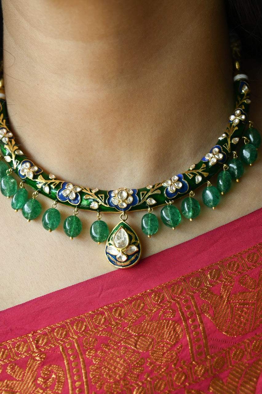 Meen Manjari - Handcrafted 92.5 Silver Meenakari Hasli with Earrings