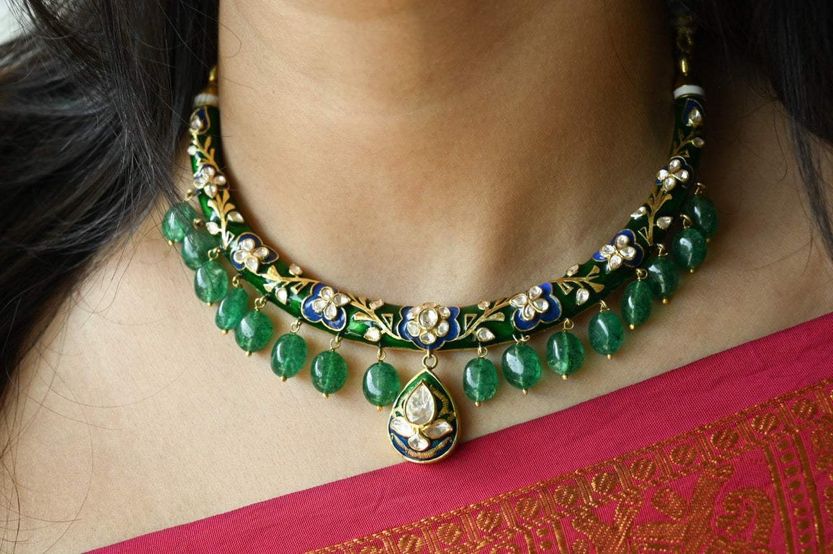 Meen Manjari - Handcrafted 92.5 Silver Meenakari Hasli with Earrings